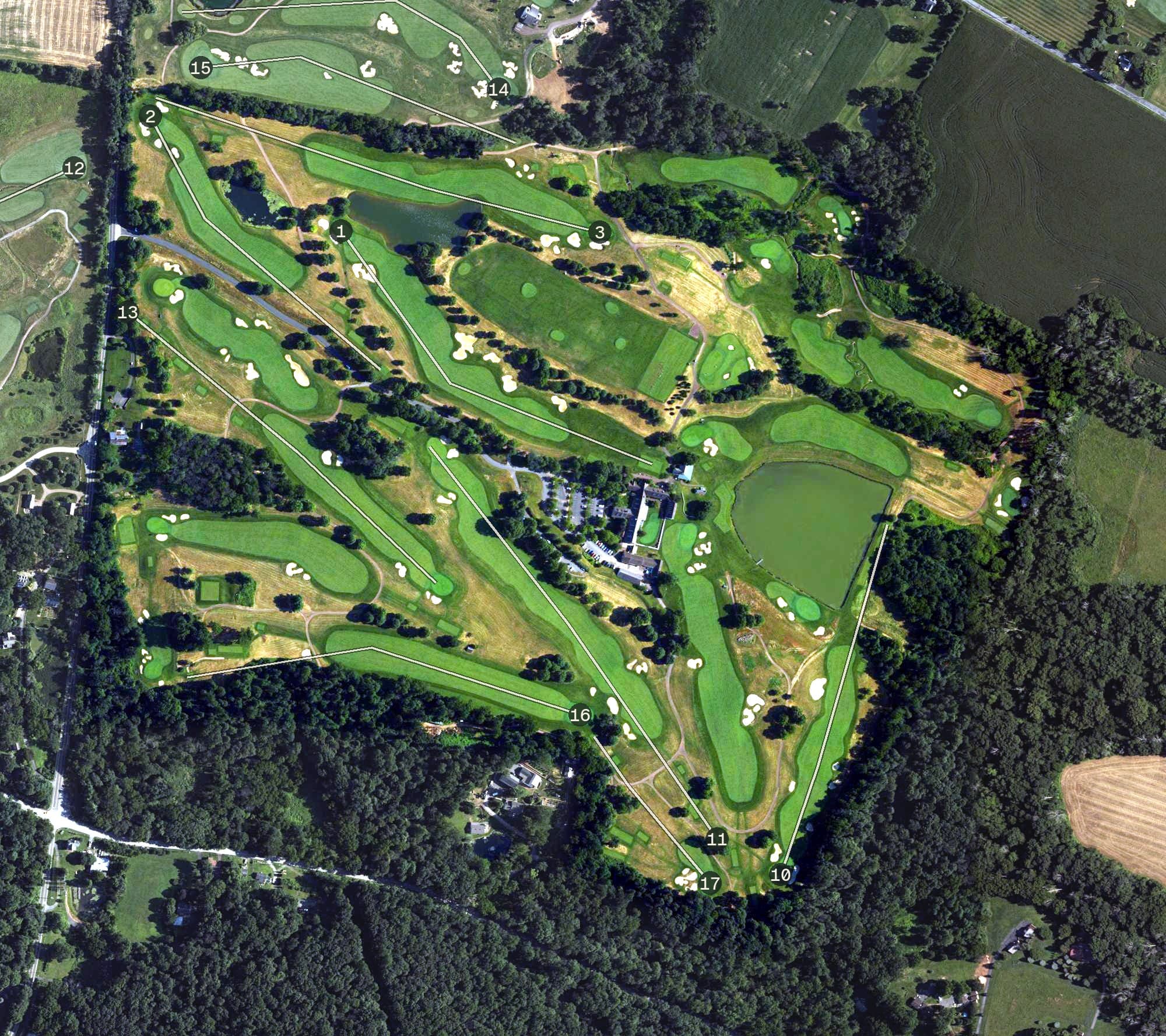 Aerial view of Stonewall Old Course, PA, with its hole routing marked