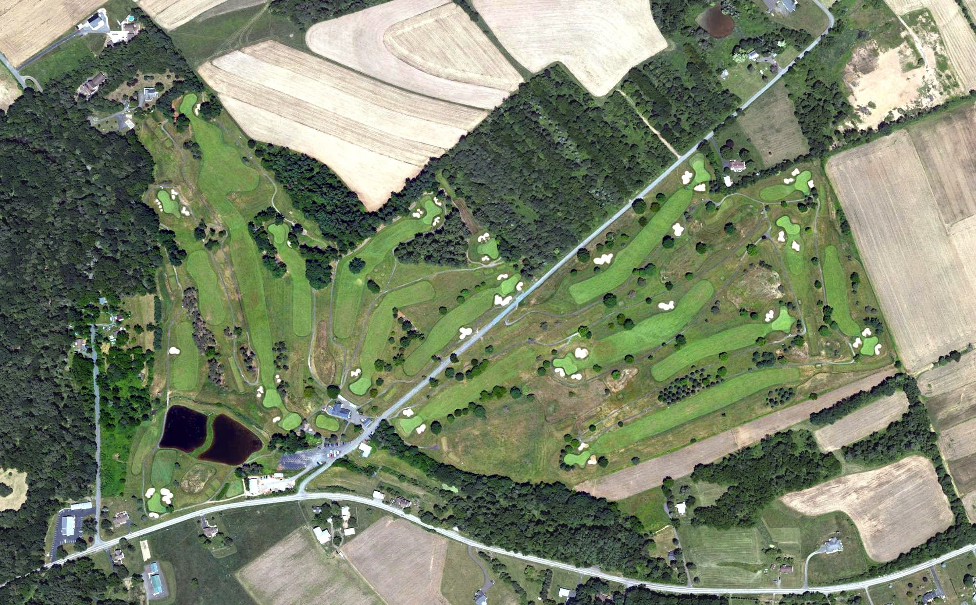Aerial view of Sugarloaf Golf Course, PA, with its hole routing marked