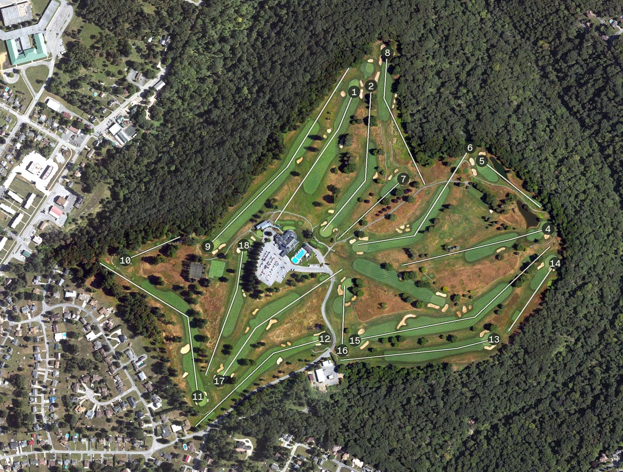 Aerial view of Sunnehanna Country Club, PA, with its hole routing marked