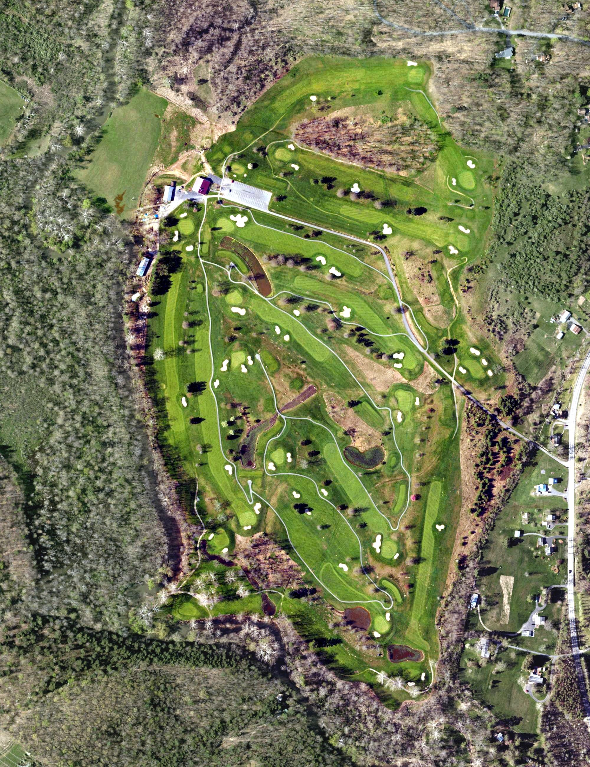 Aerial view of Sunset Golf Club, PA, with its hole routing marked