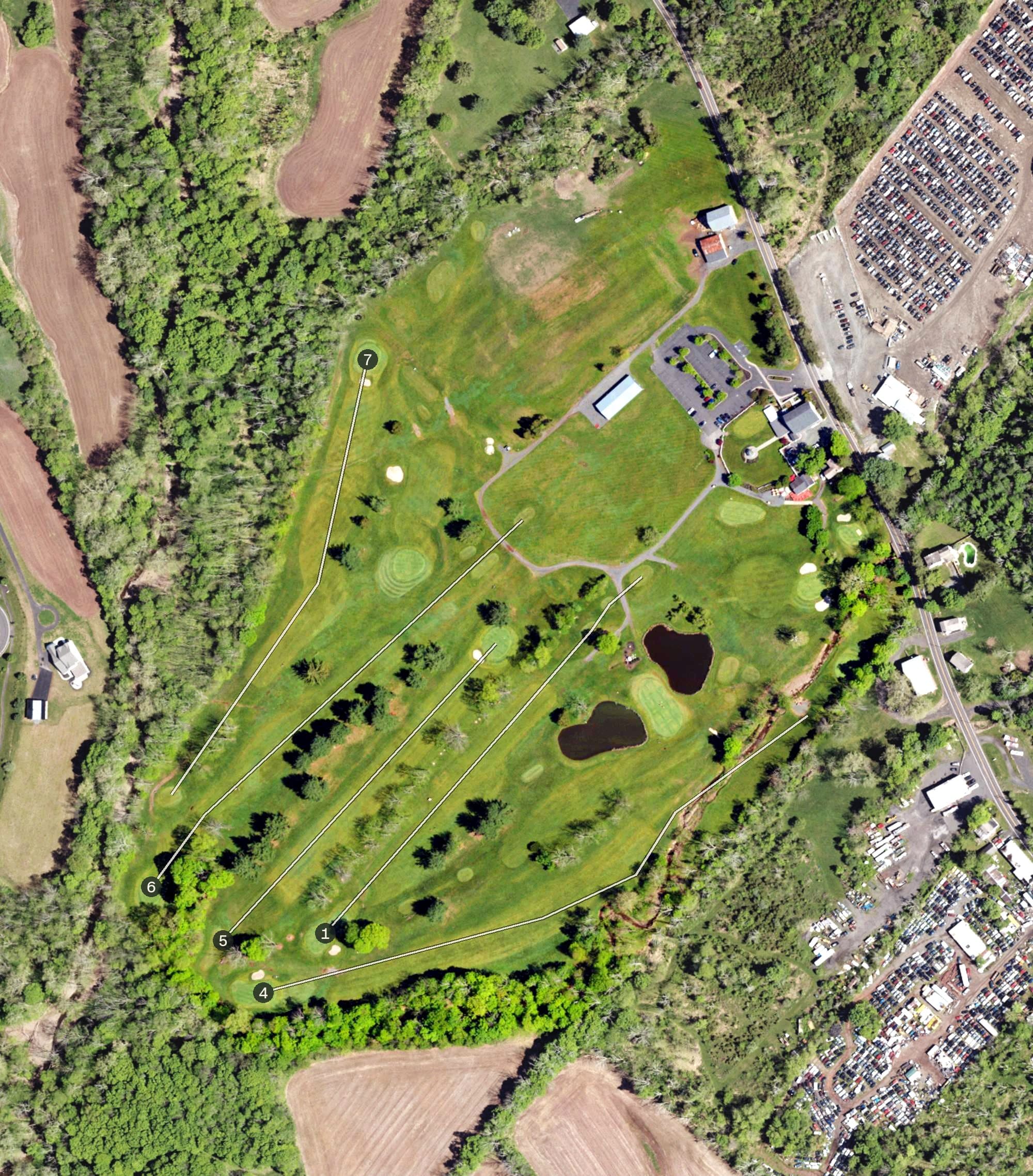Aerial view of Sweetwater Golf Course, PA, with its hole routing marked