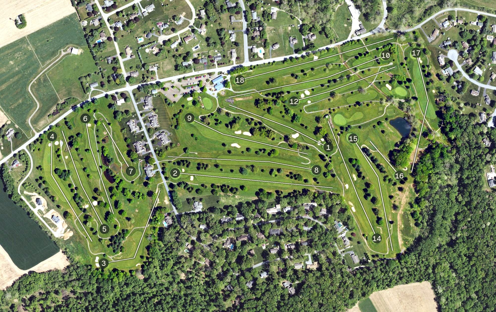 Aerial view of Tanglewood Manor Golf Club, PA, with its hole routing marked