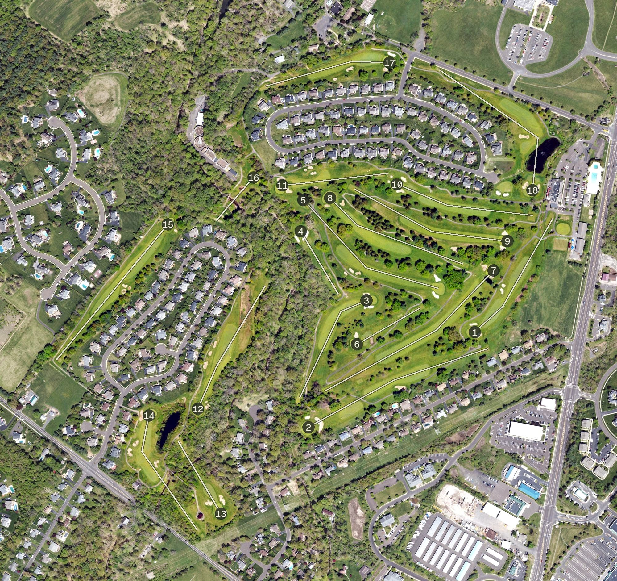 Aerial view of The Bucks Club, PA, with its hole routing marked