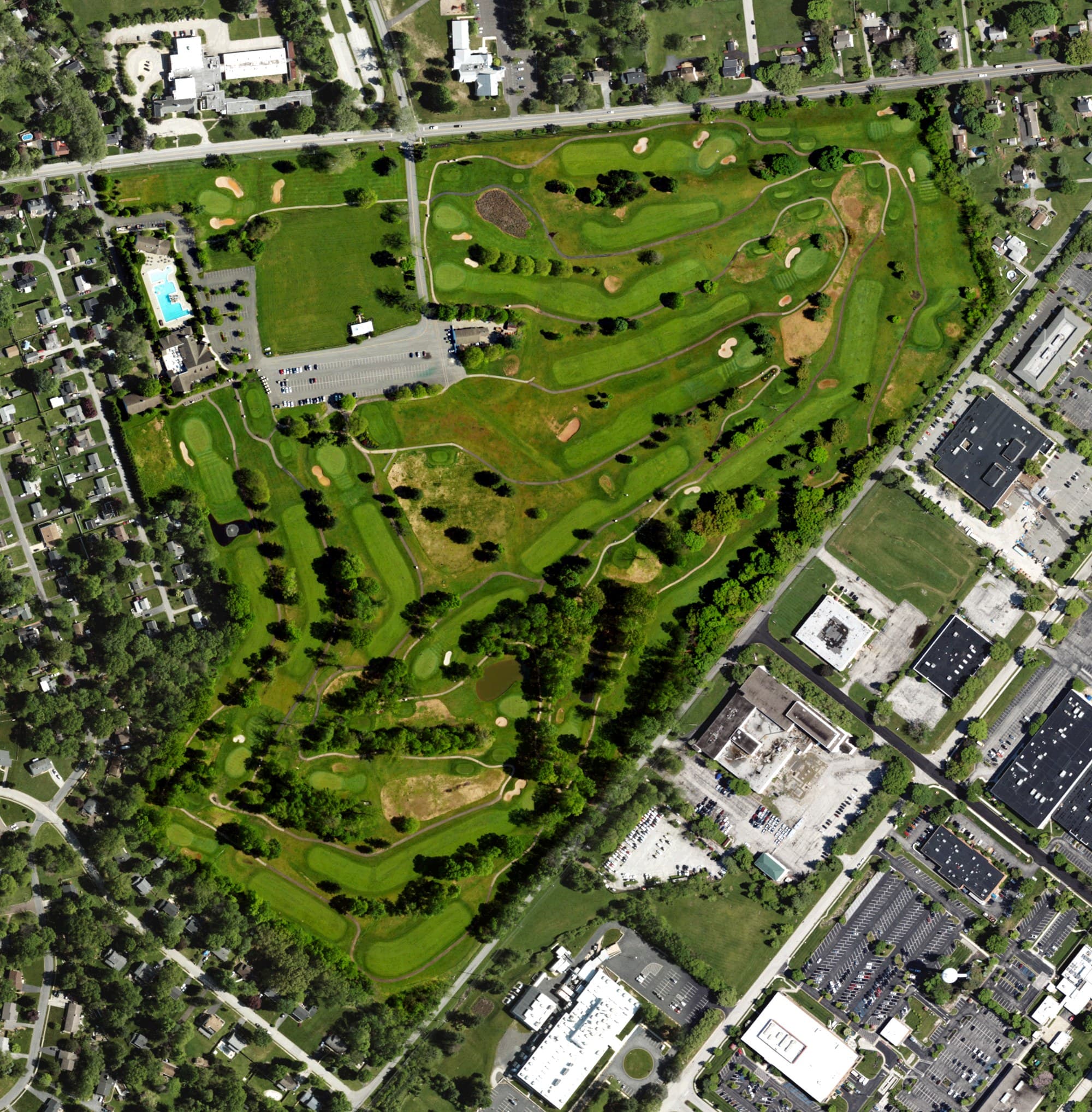 Aerial view of The Club at Shannondell, PA, with its hole routing marked