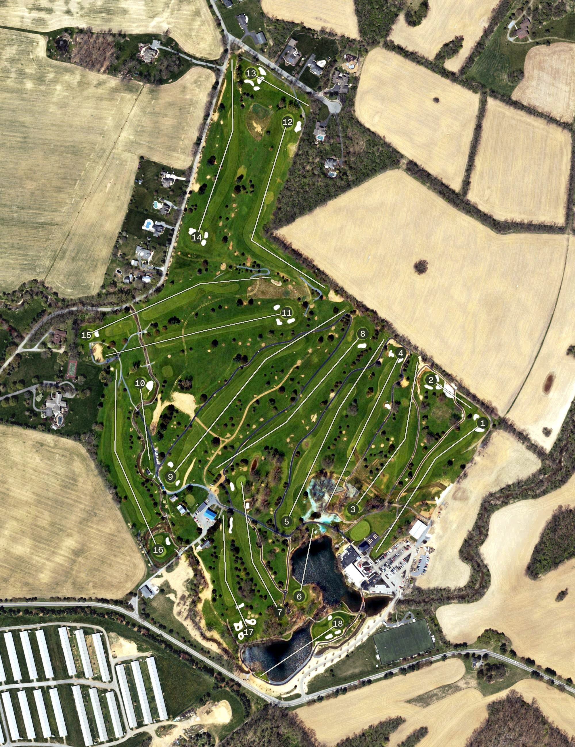 Aerial view of The Club at Twin Lakes, PA, with its hole routing marked