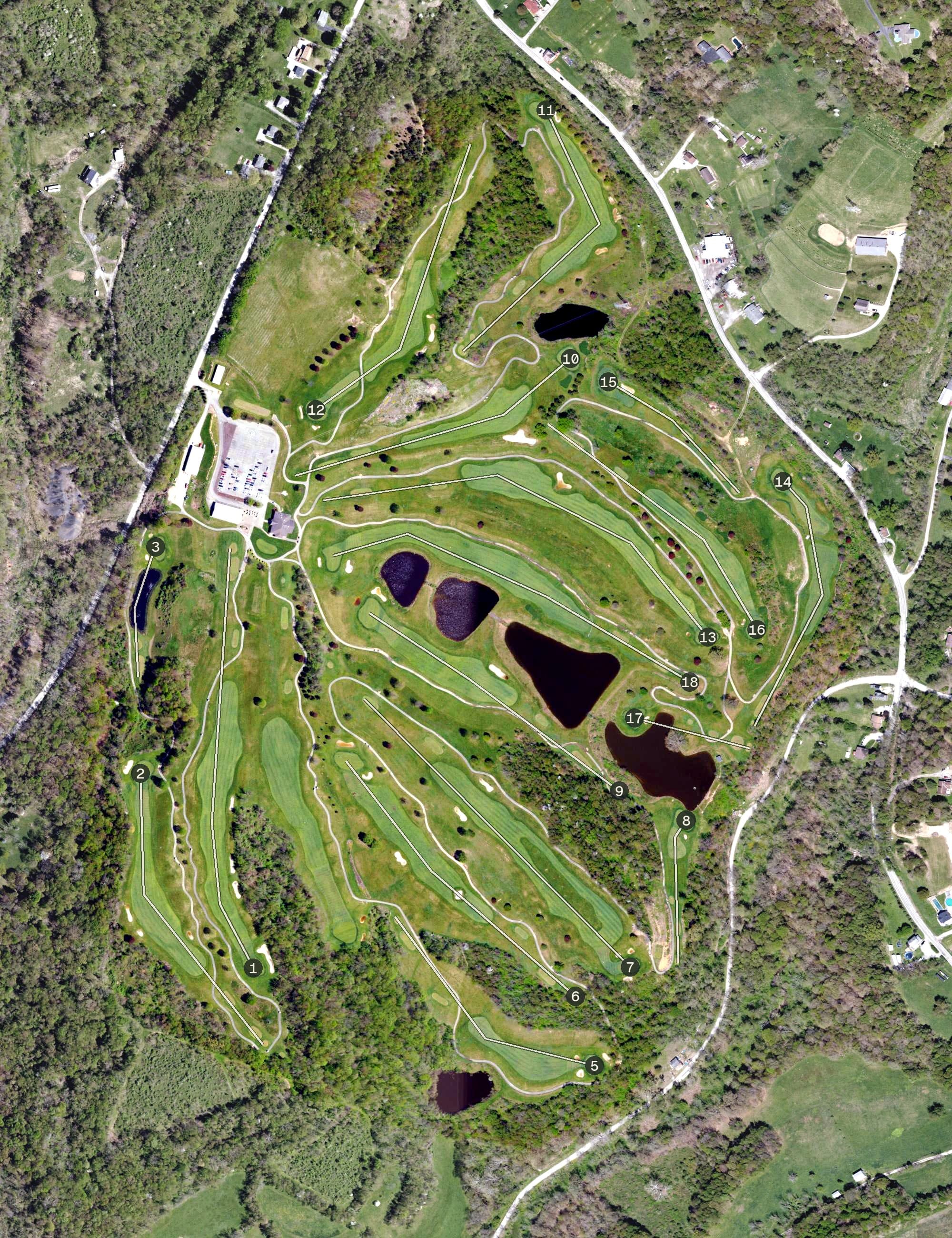 Aerial view of The Madison Club, PA, with its hole routing marked