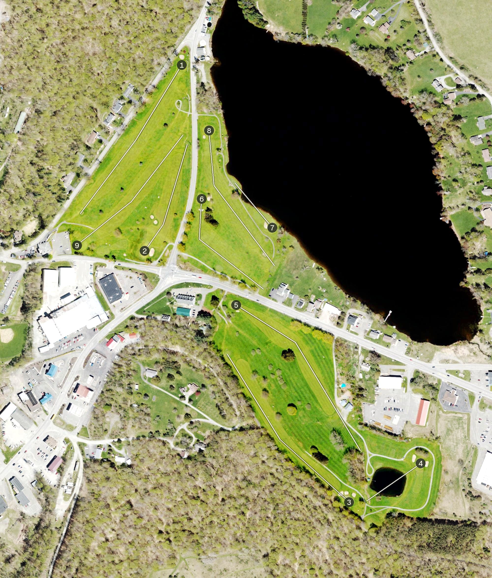 Aerial view of The Montrose Club, PA, with its hole routing marked