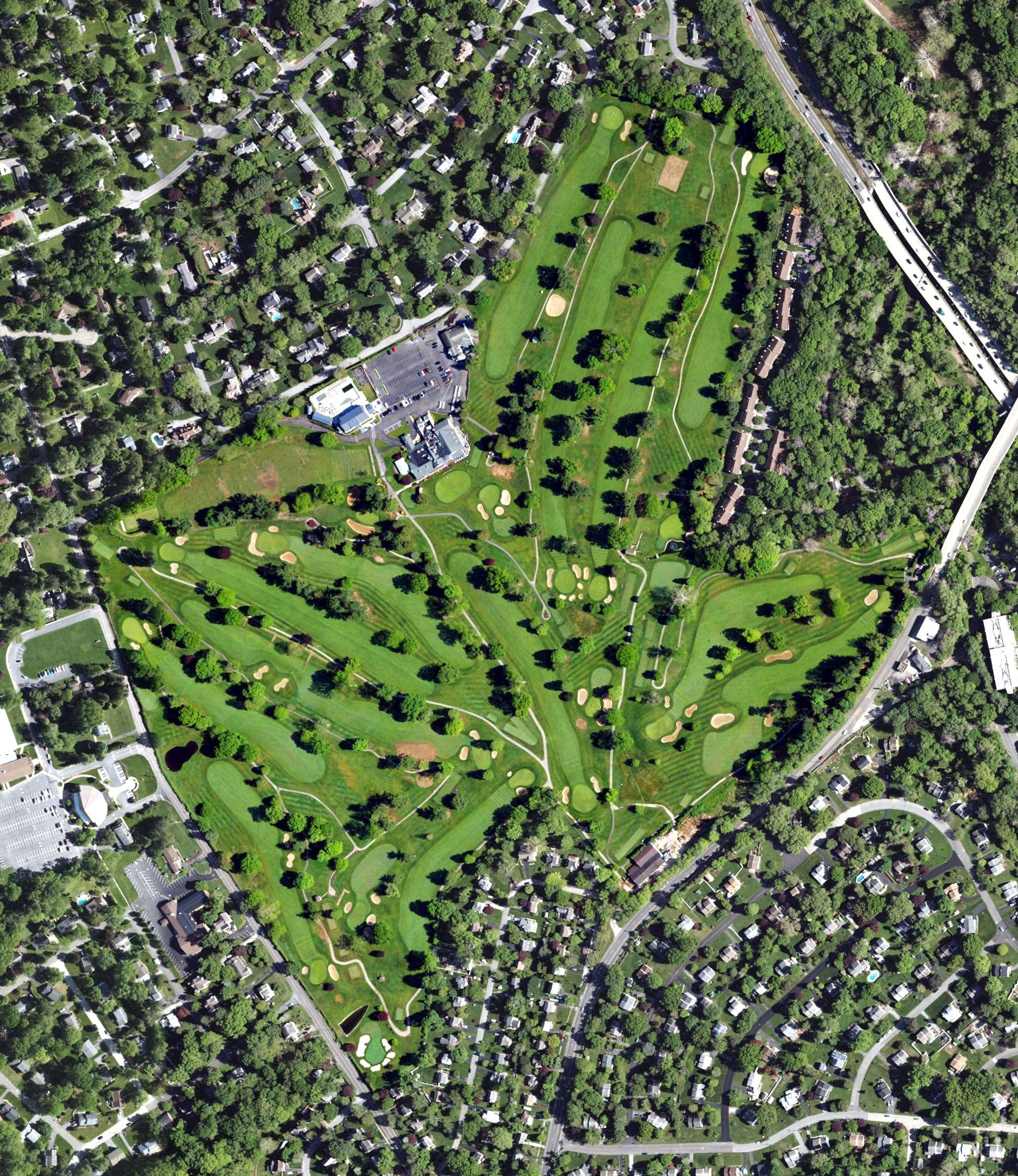 Aerial view of The Springhaven Club, PA, with its hole routing marked