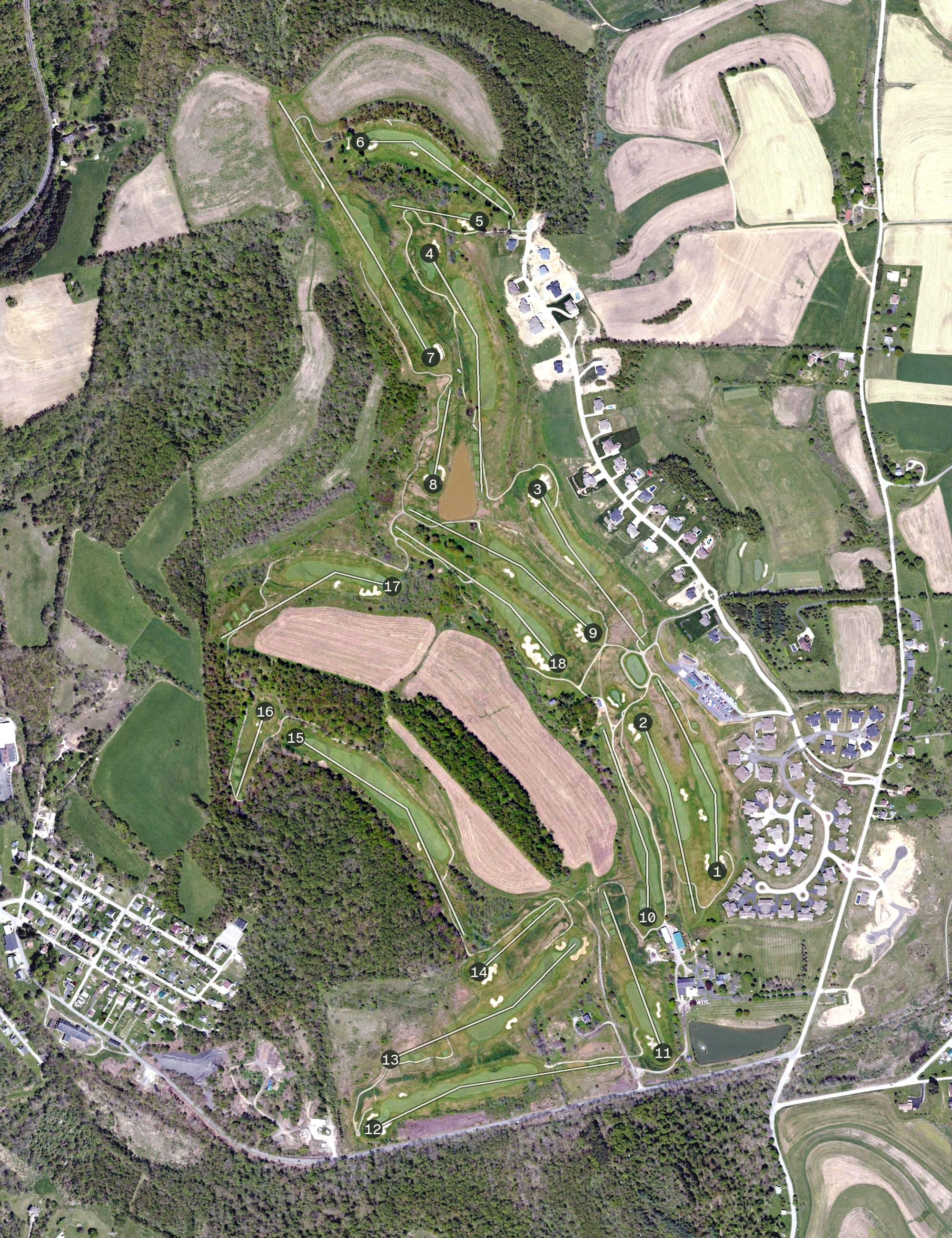 Aerial view of Totteridge Golf Course, PA, with its hole routing marked