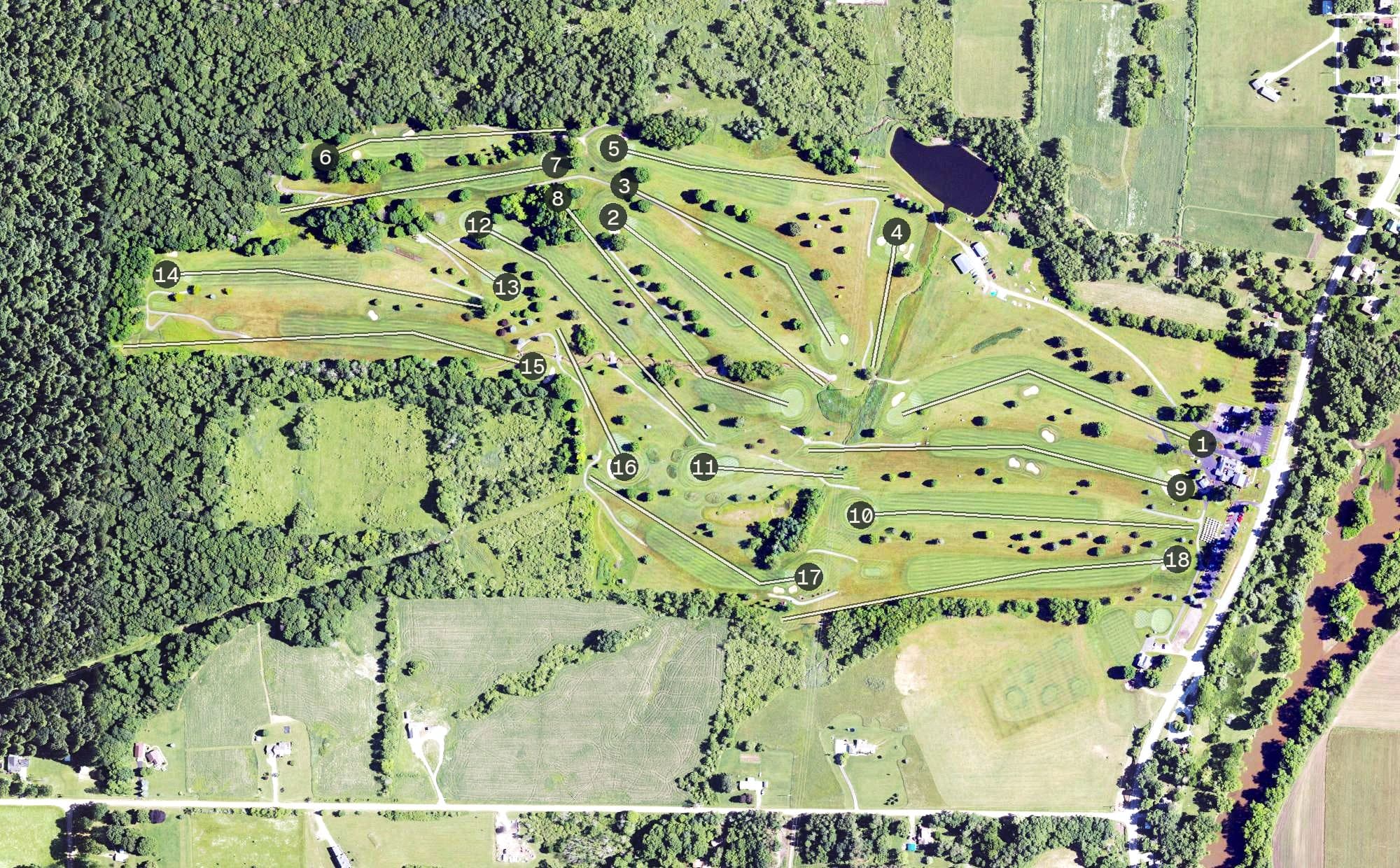 Aerial view of Venango Valley Inn and Golf, PA, with its hole routing marked