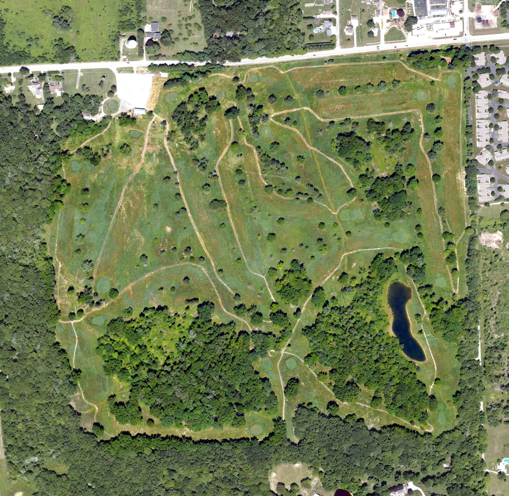 Aerial view of VFW Golf Course, PA, with its hole routing marked