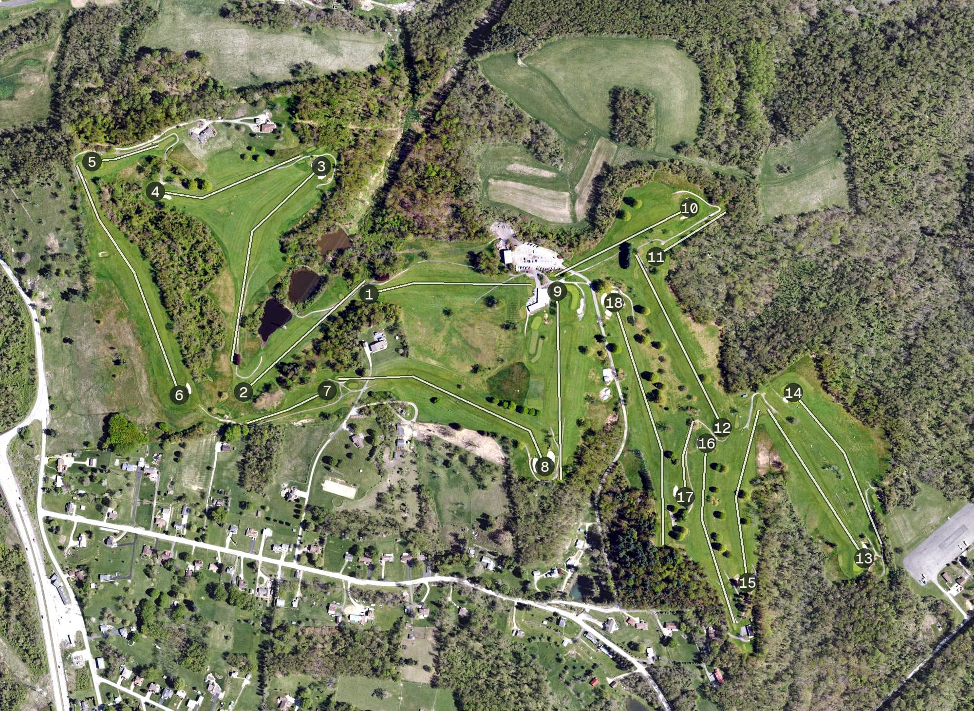 Aerial view of Victory Hills Golf Course, PA, with its hole routing marked