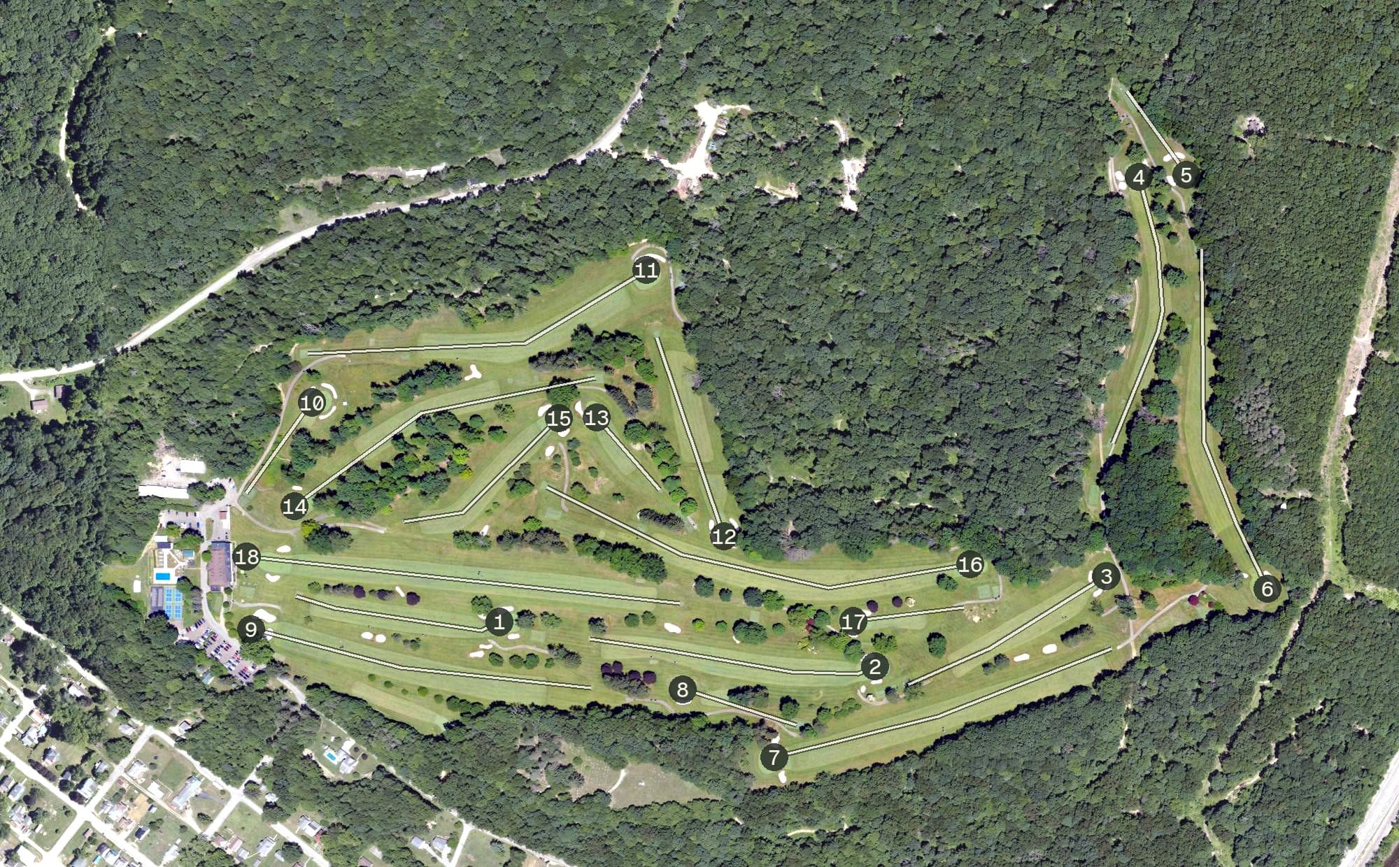 Aerial view of Wanango Country Club, PA, with its hole routing marked