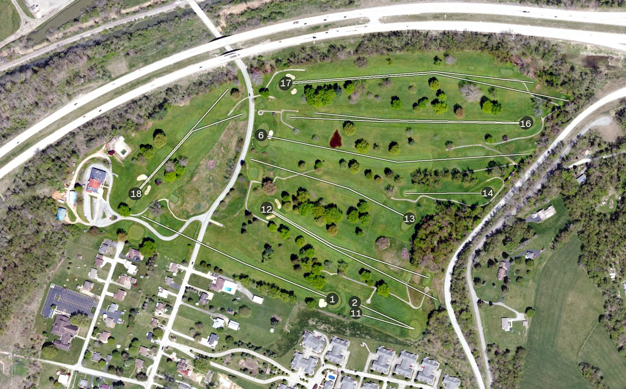 Aerial view of Washington Country Club, PA, with its hole routing marked