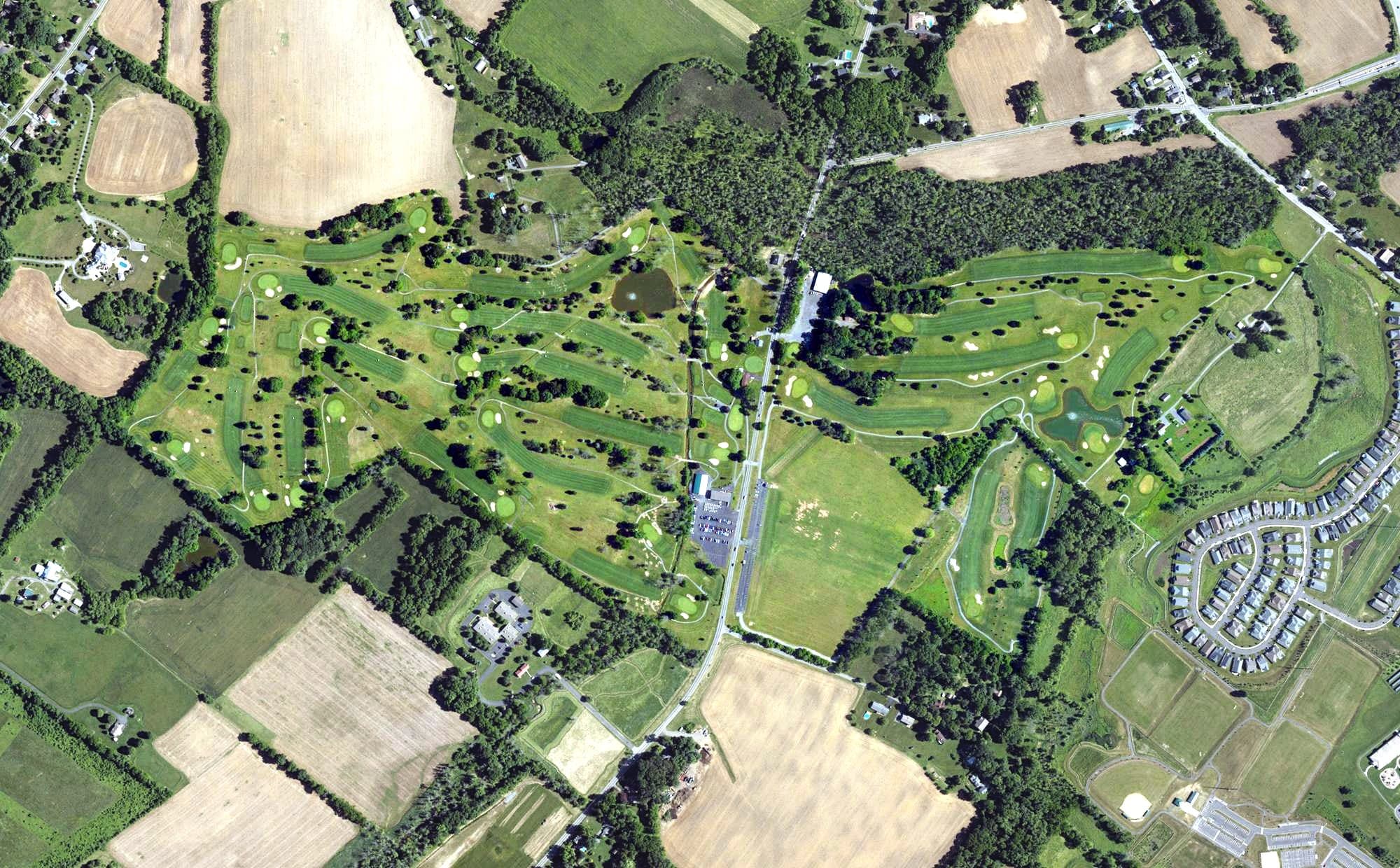 Aerial view of Wedgewood Golf Course, PA, with its hole routing marked