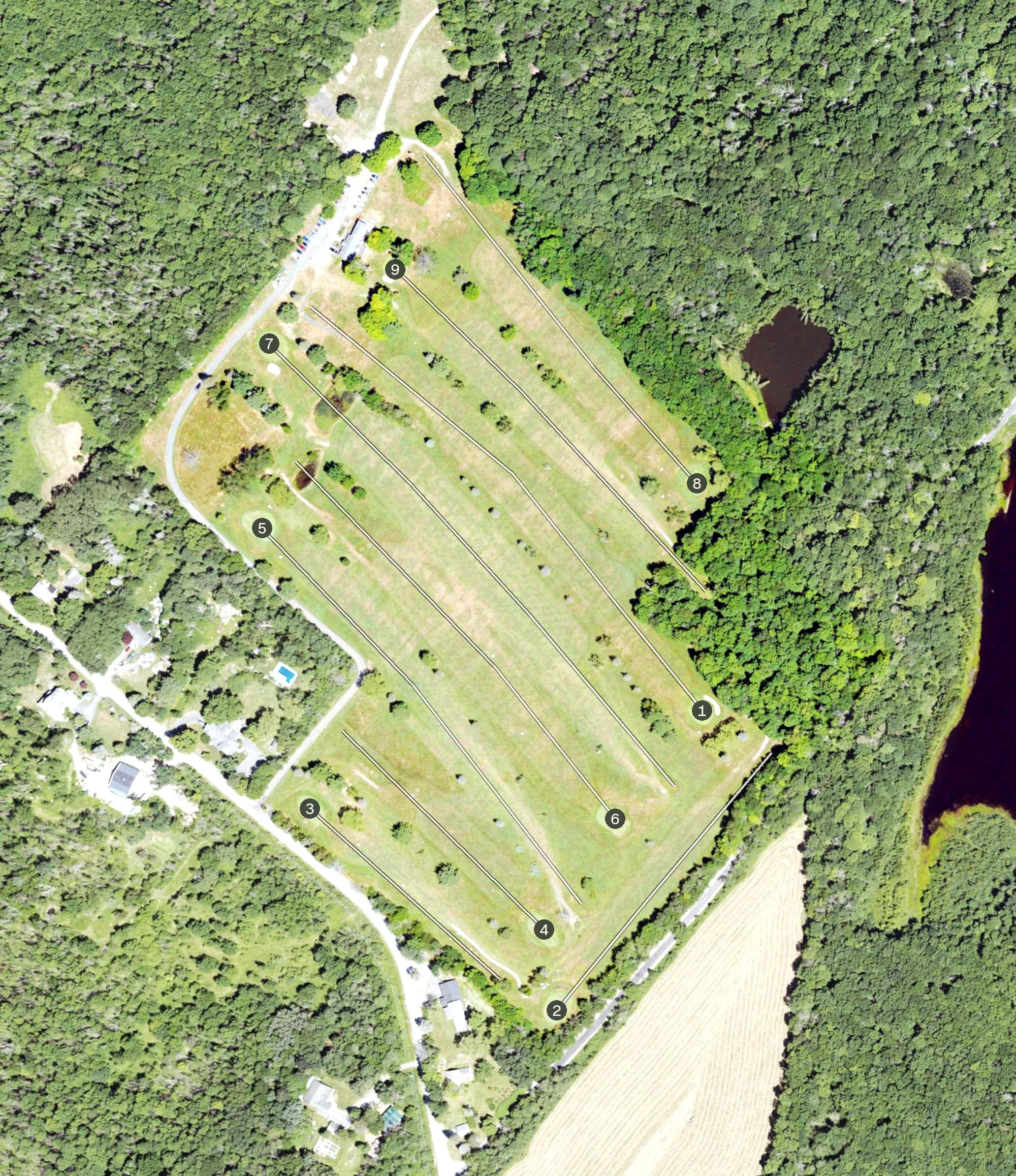 Aerial view of Wemberly Hills Golf Course, PA, with its hole routing marked