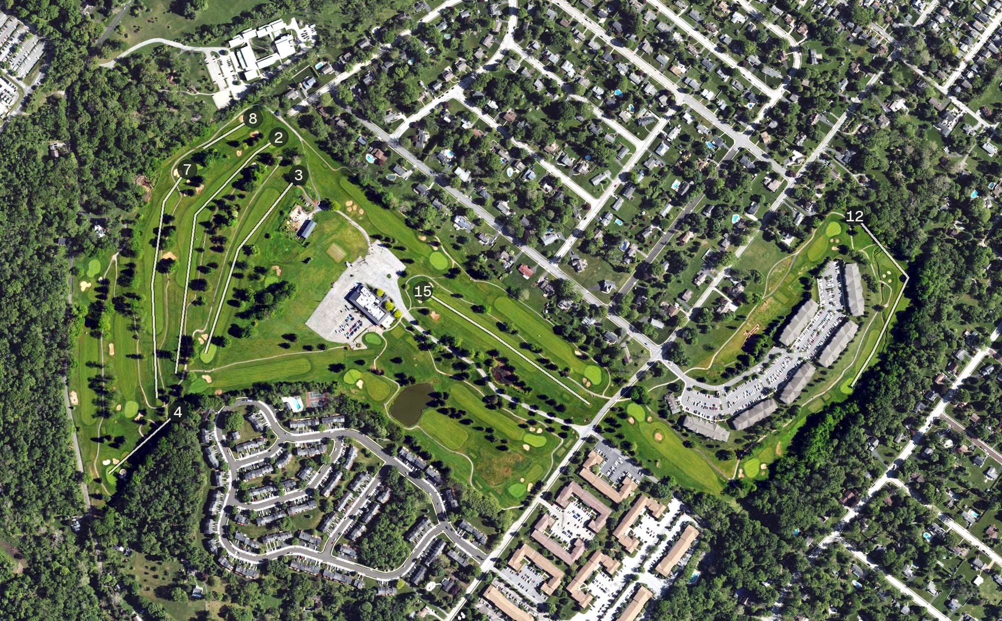 Aerial view of Westover Golf Club, PA, with its hole routing marked
