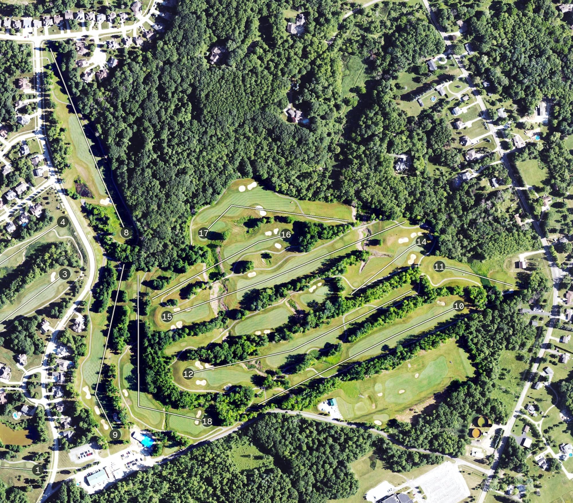Aerial view of Whispering Woods Golf Club, PA, with its hole routing marked