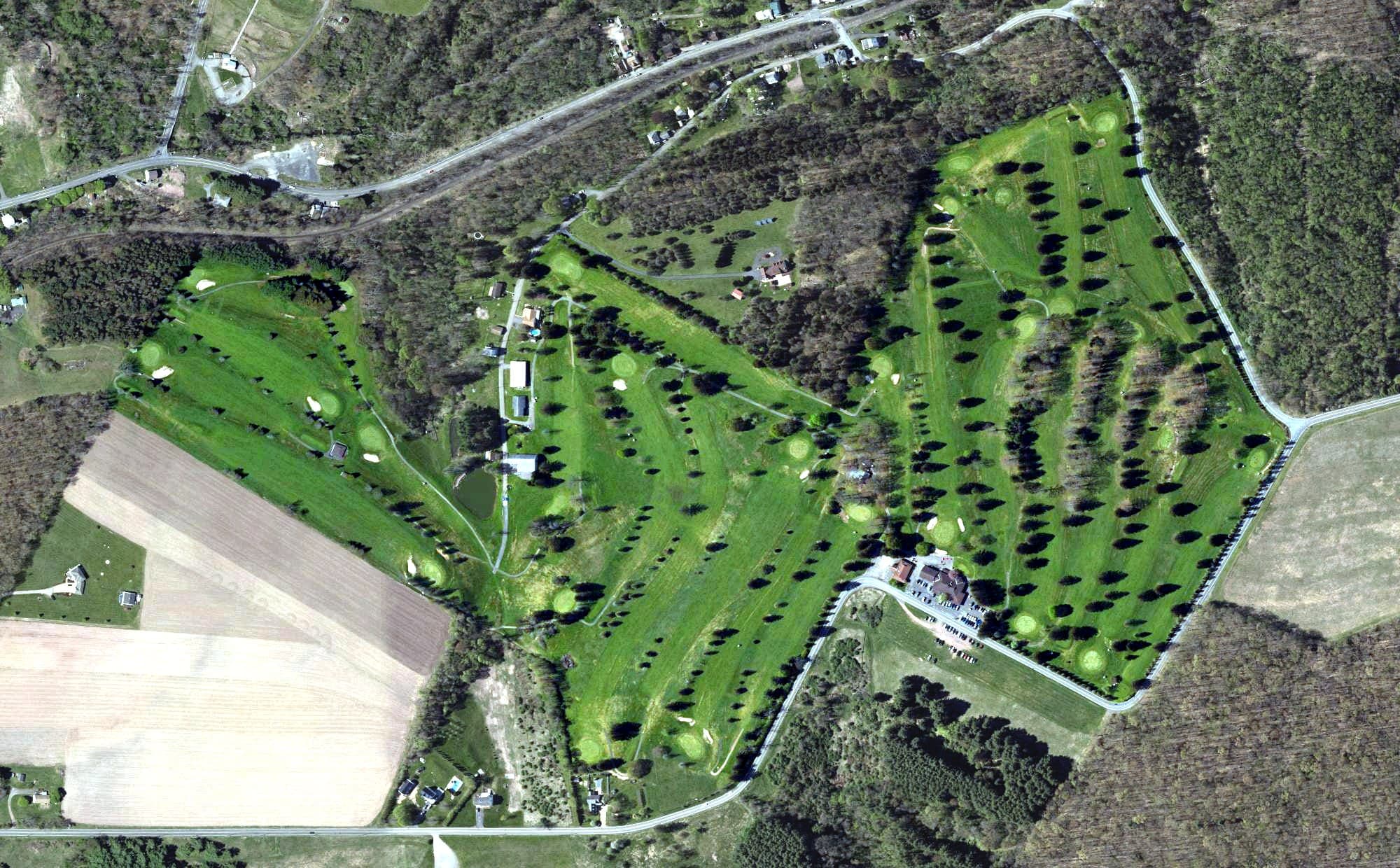 Aerial view of White Birch Golf Course, PA, with its hole routing marked