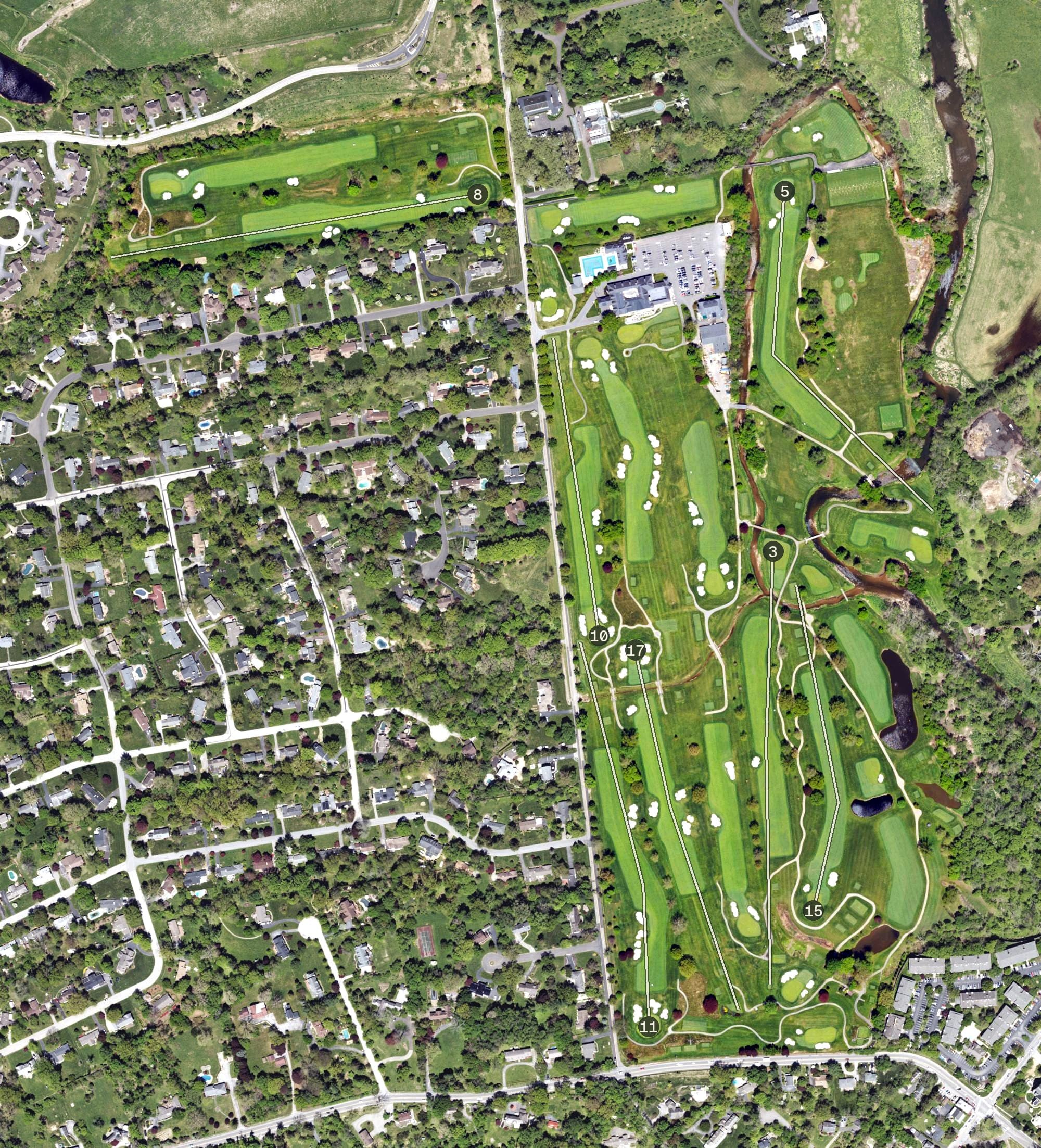 Aerial view of Whitemarsh Valley Country Club, PA, with its hole routing marked