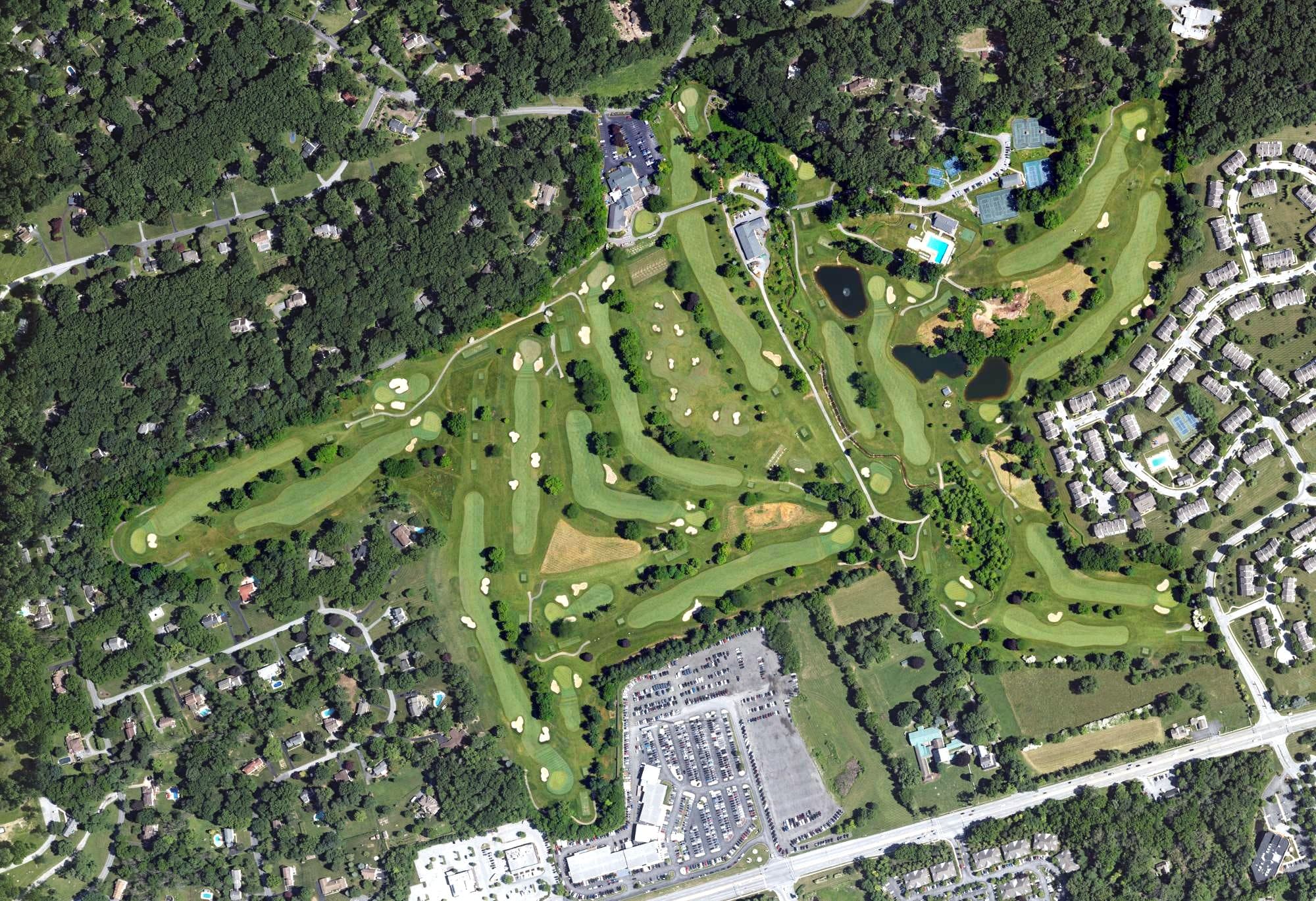Aerial view of Whitford Country Club, PA, with its hole routing marked