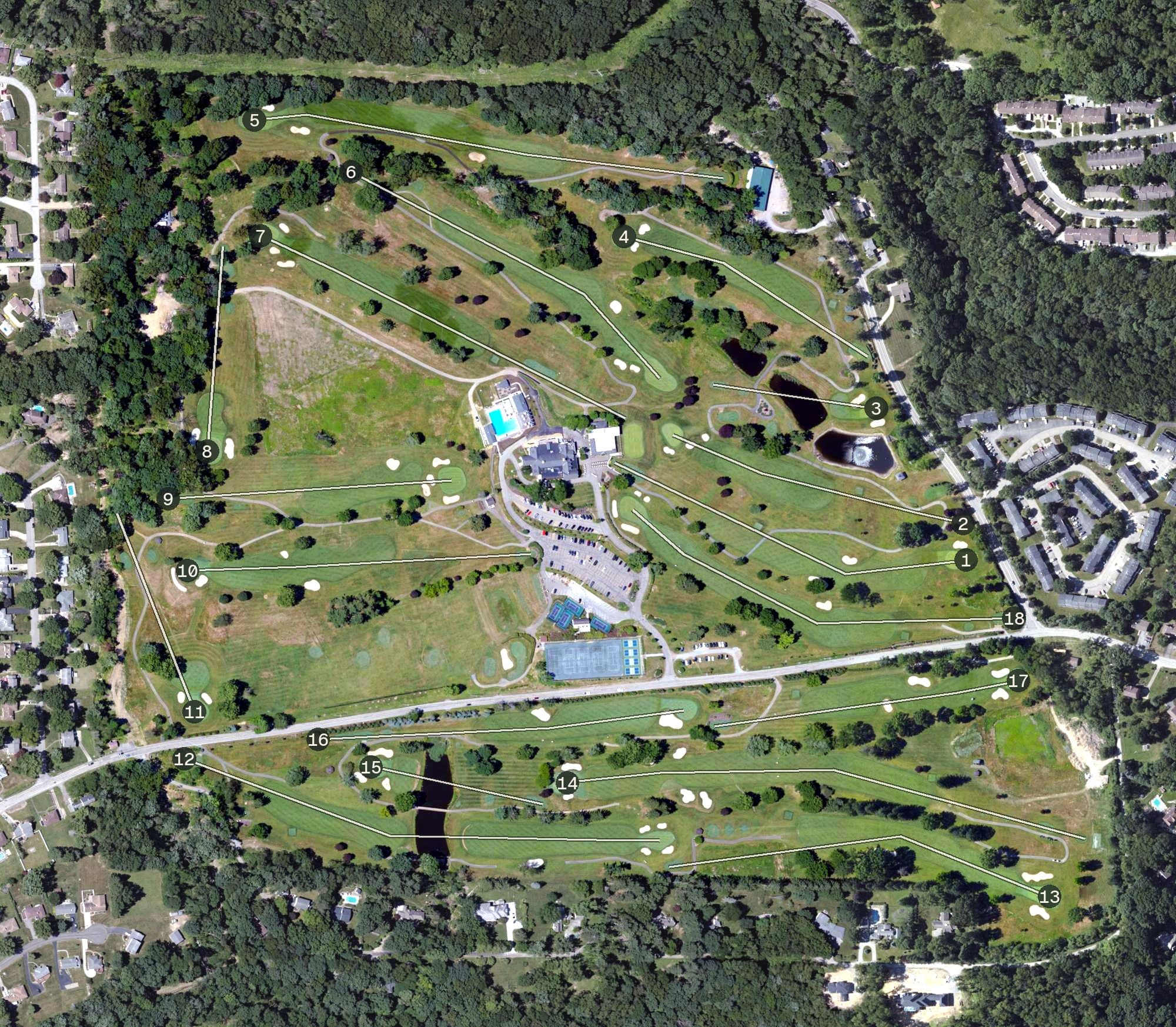 Aerial view of Wildwood Golf Club, PA, with its hole routing marked