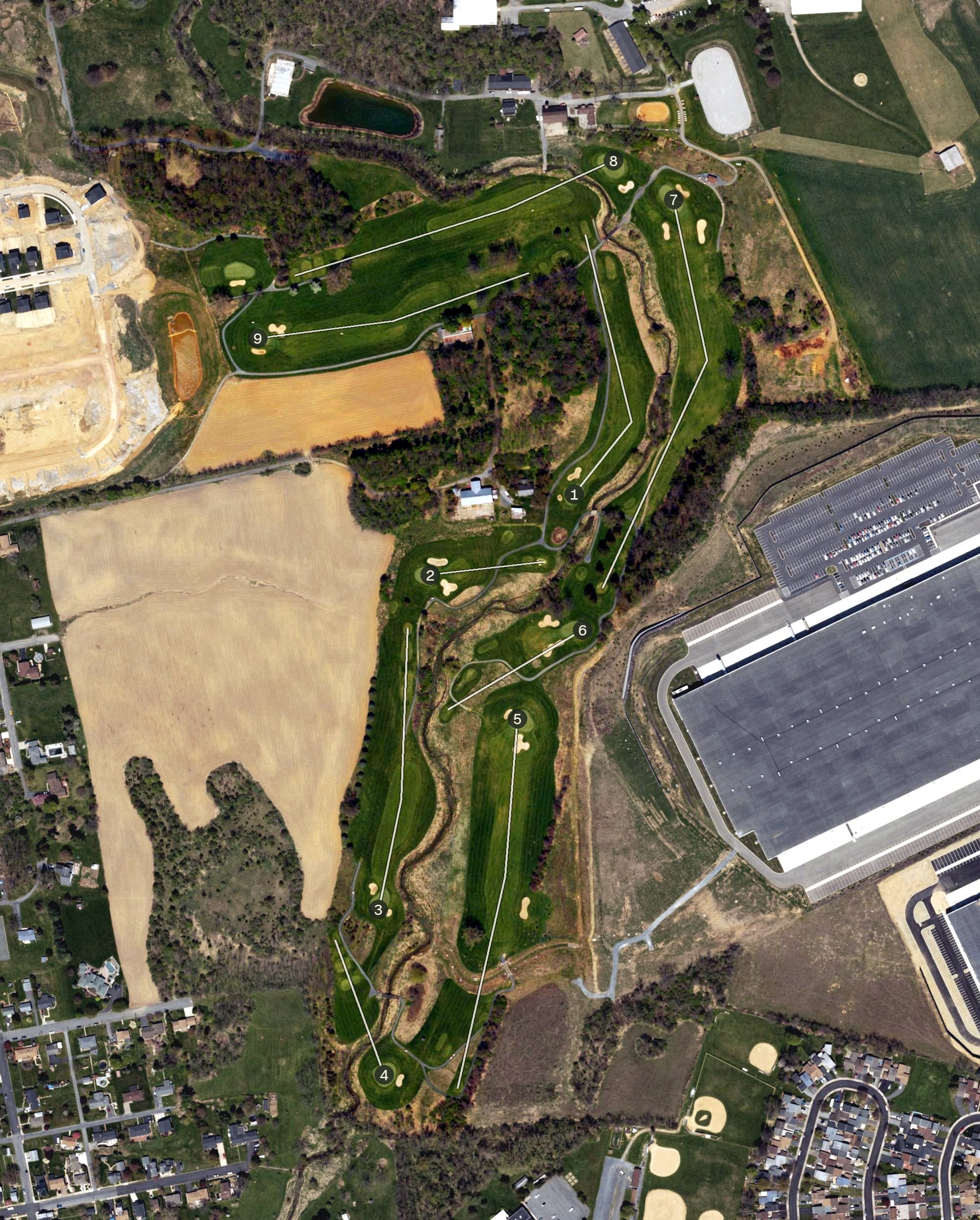 Aerial view of Willow Brook Golf Course, PA, with its hole routing marked