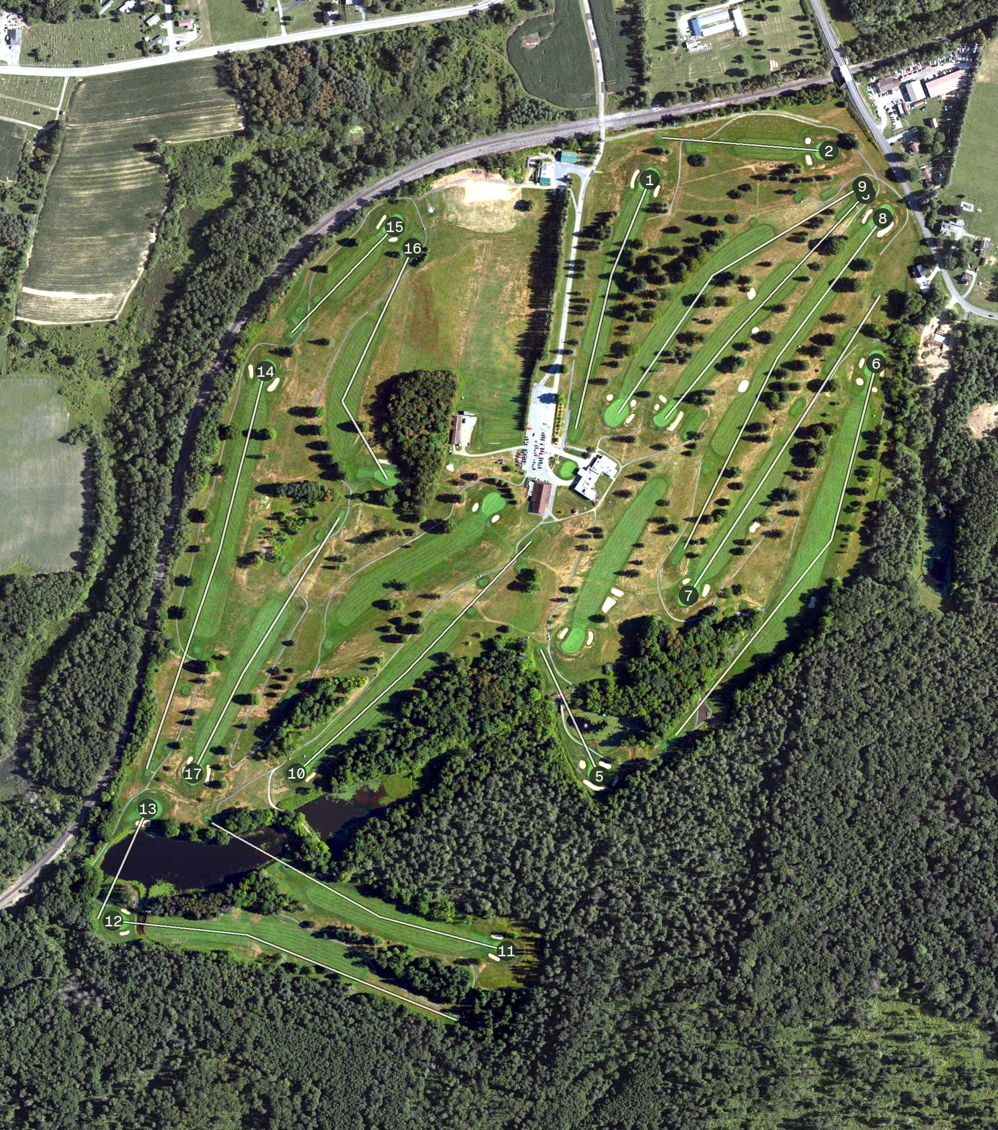 Aerial view of Windber Country Club, PA, with its hole routing marked