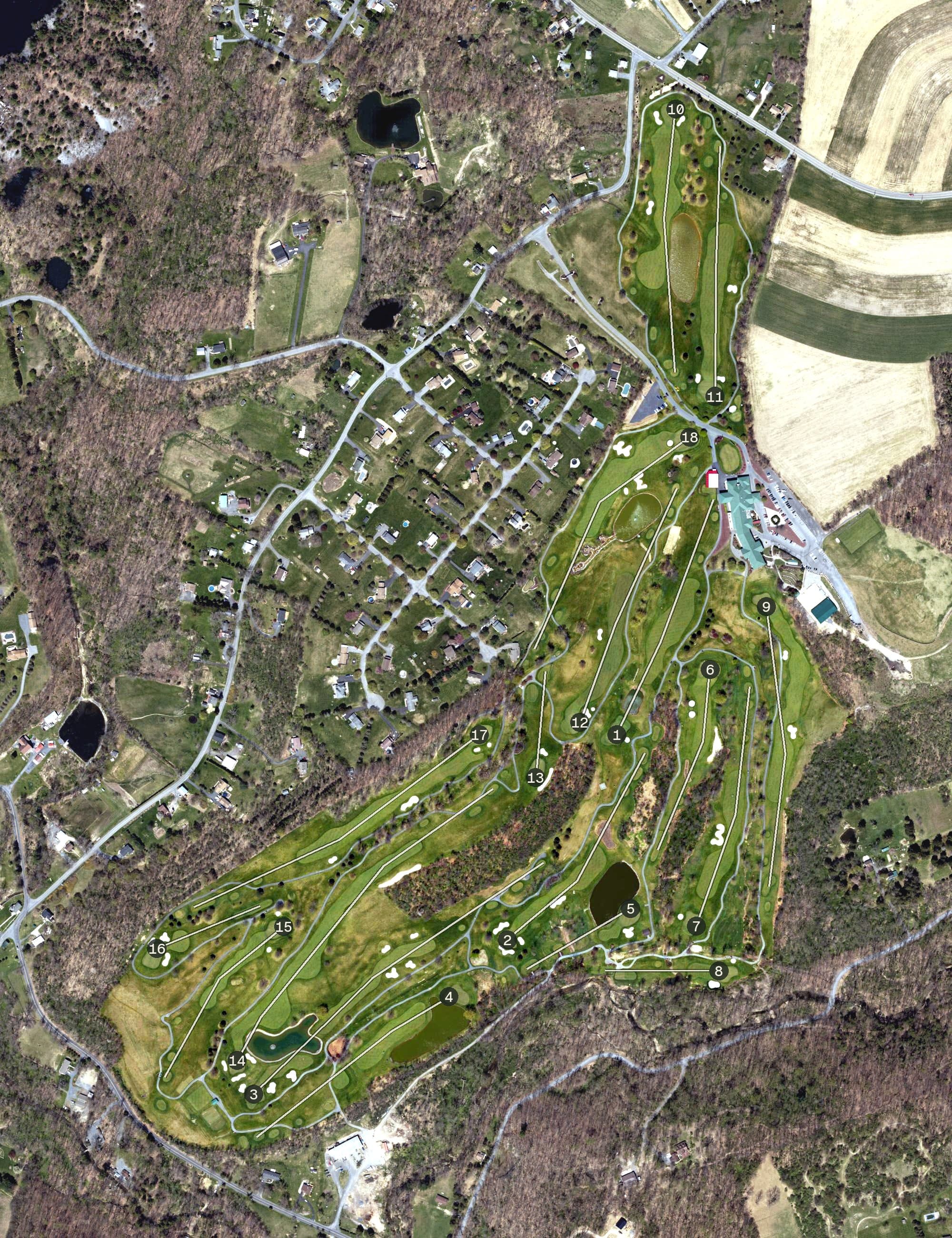 Aerial view of Woodstone Golf Club, PA, with its hole routing marked