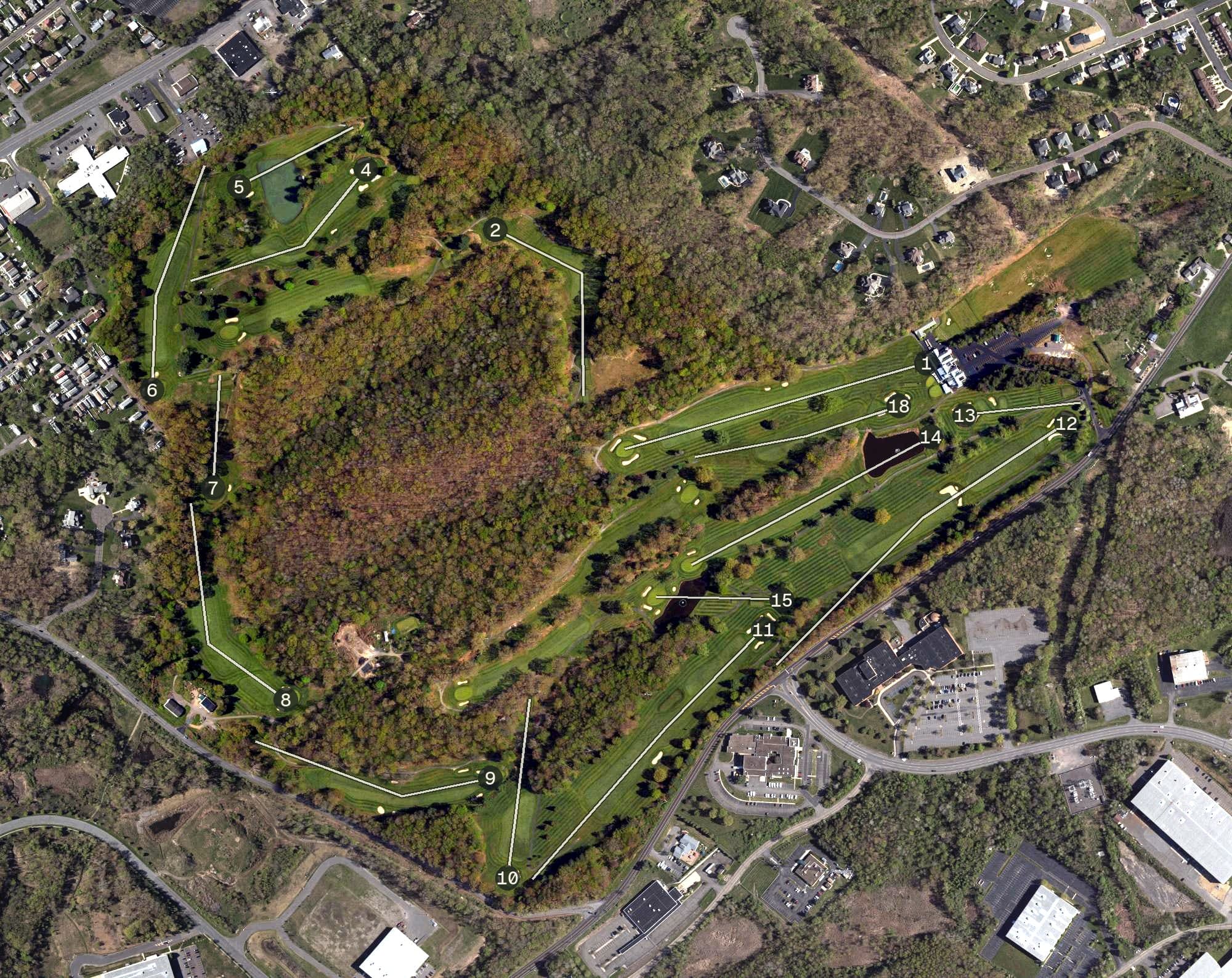 Aerial view of Wyoming Valley Country Club, PA, with its hole routing marked