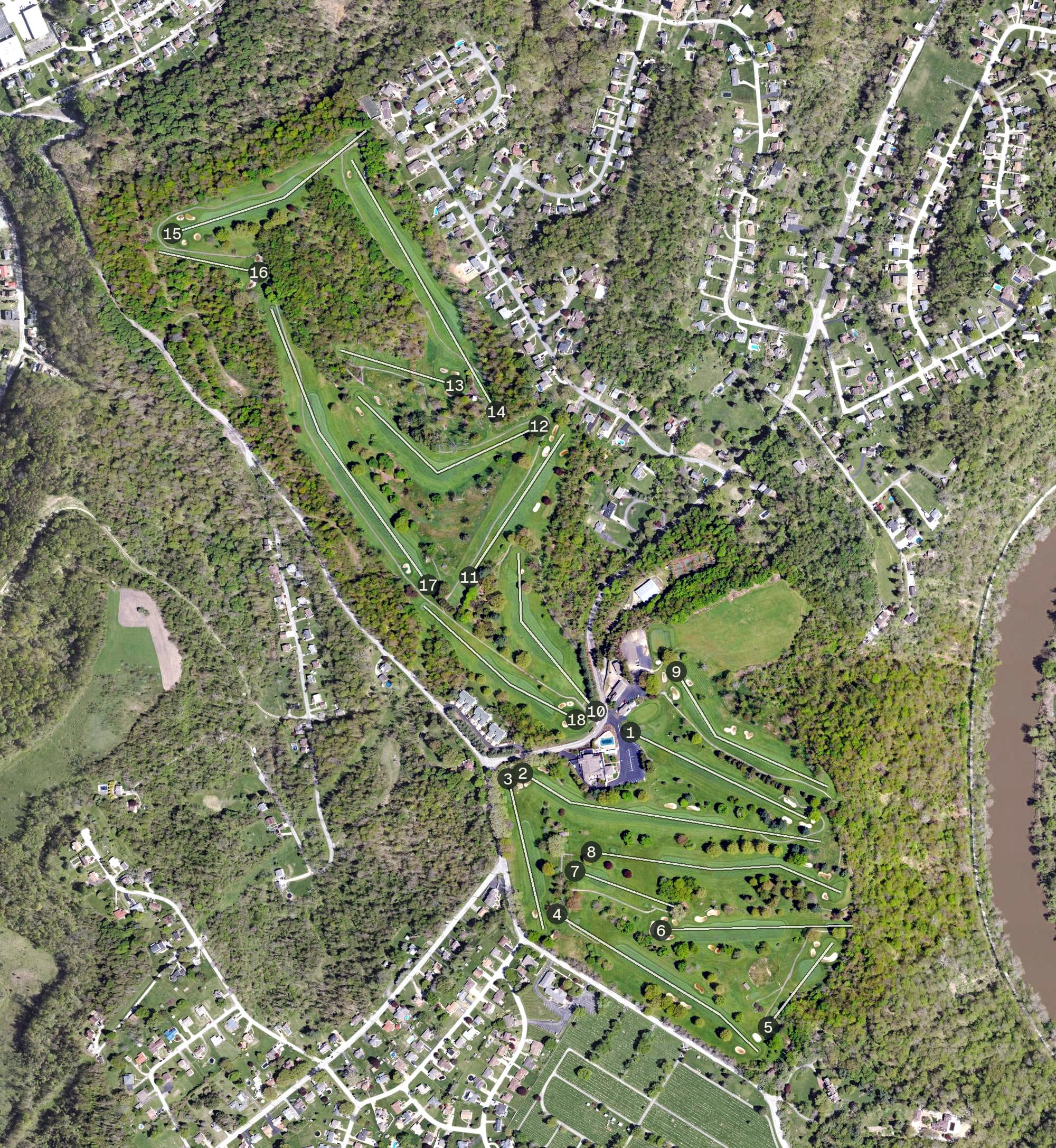 Aerial view of Youghiogheny Country Club, PA, with its hole routing marked