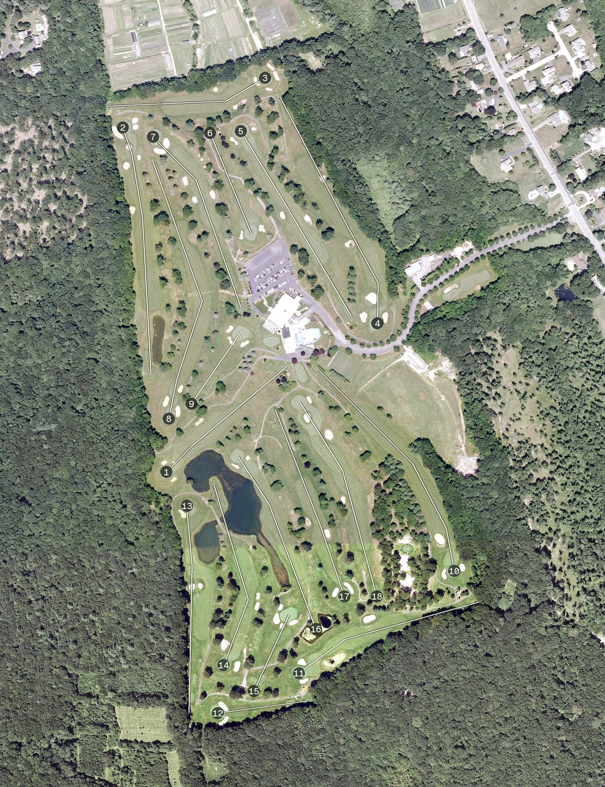 Aerial view of Alpine Country Club, RI, with its hole routing marked