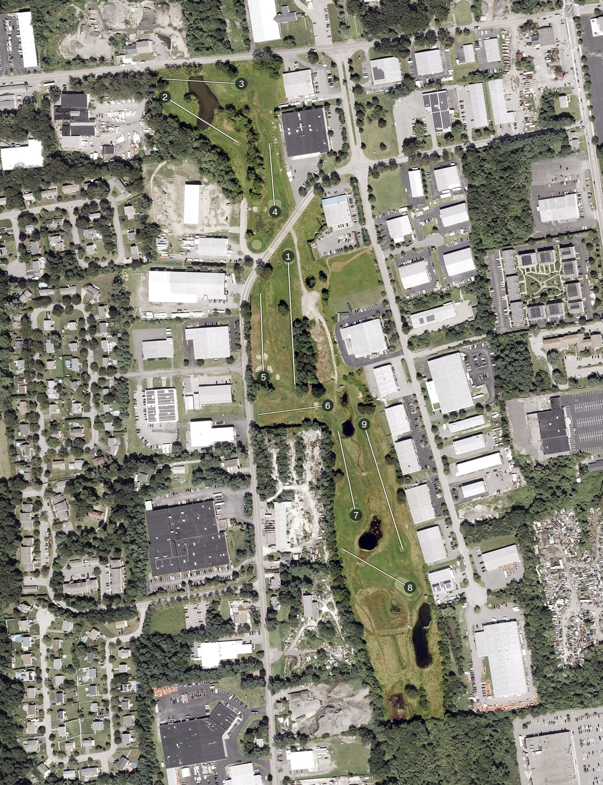 Aerial view of Bristol Golf Park, RI, with its hole routing marked