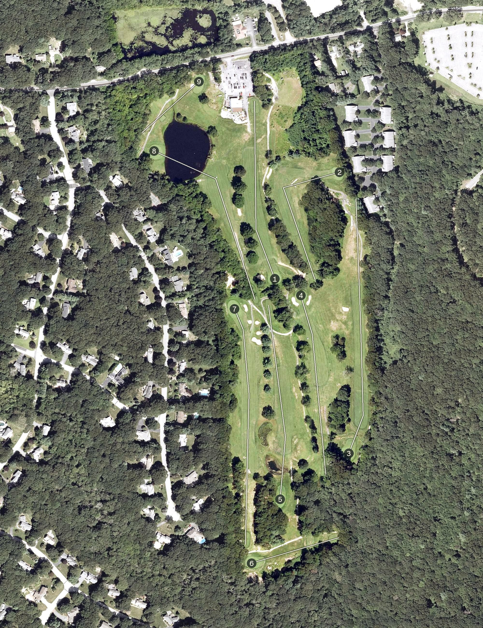 Aerial view of East Greenwich Golf Club, RI, with its hole routing marked