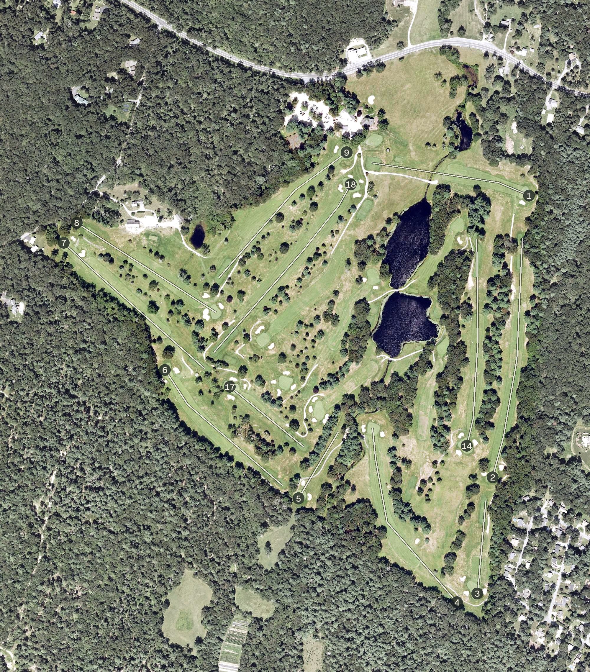 Aerial view of Exeter Country Club, RI, with its hole routing marked