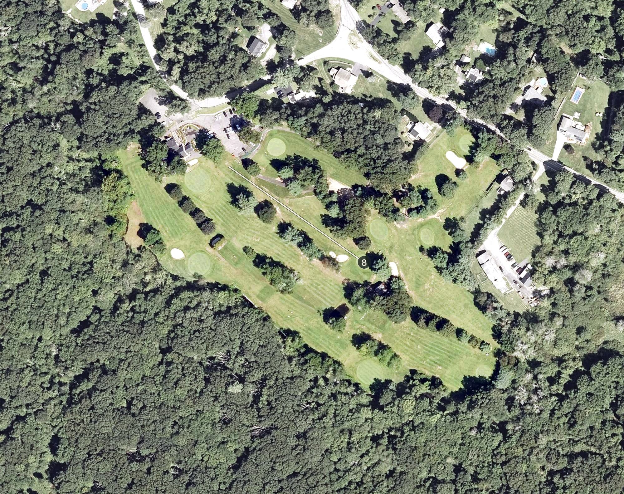 Aerial view of Fairlawn Golf Course, RI, with its hole routing marked