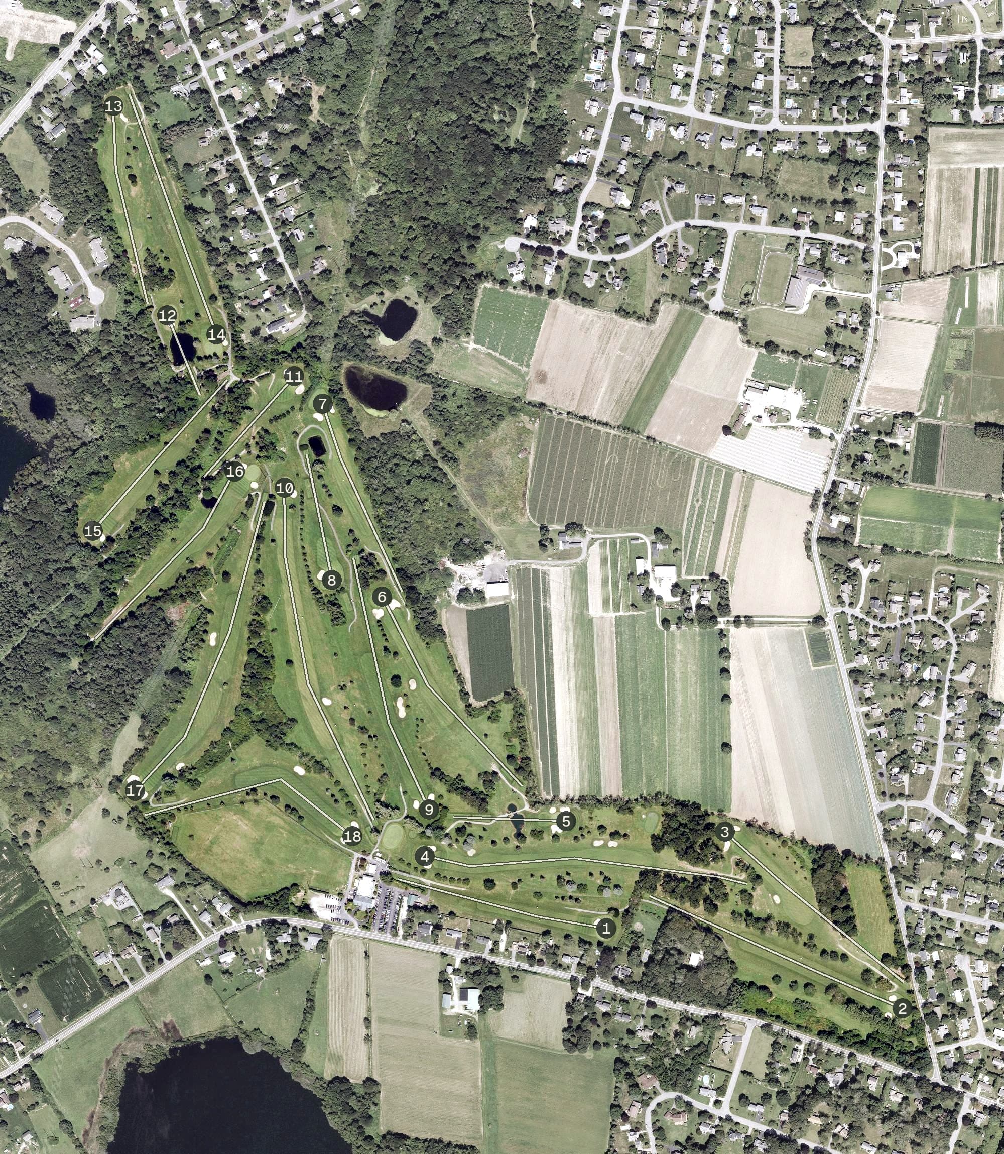 Aerial view of Green Valley Country Club, RI, with its hole routing marked