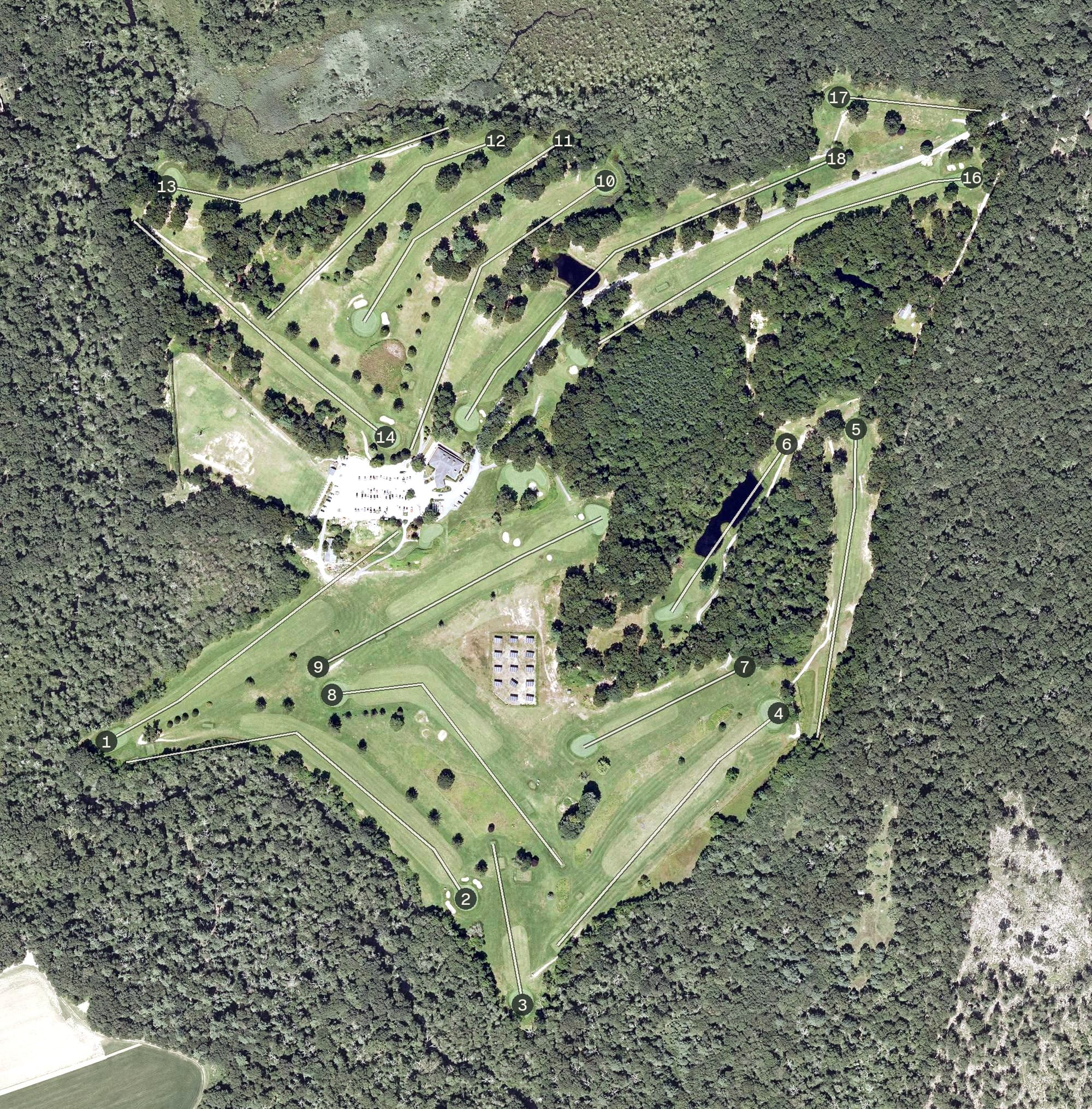 Aerial view of Laurel Lane Country Club, RI, with its hole routing marked