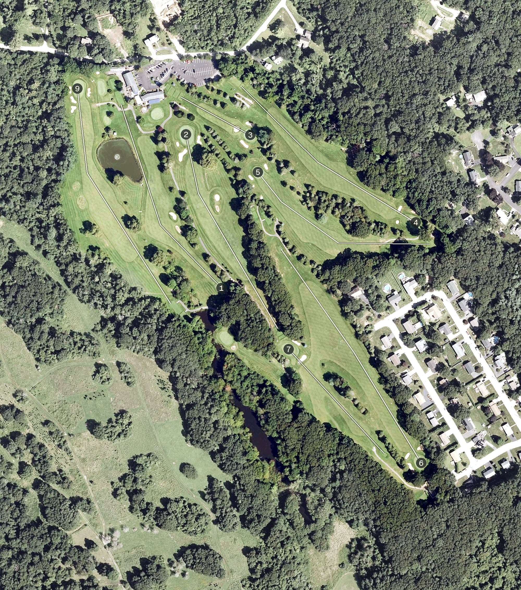 Aerial view of Lincoln Country Club, RI, with its hole routing marked