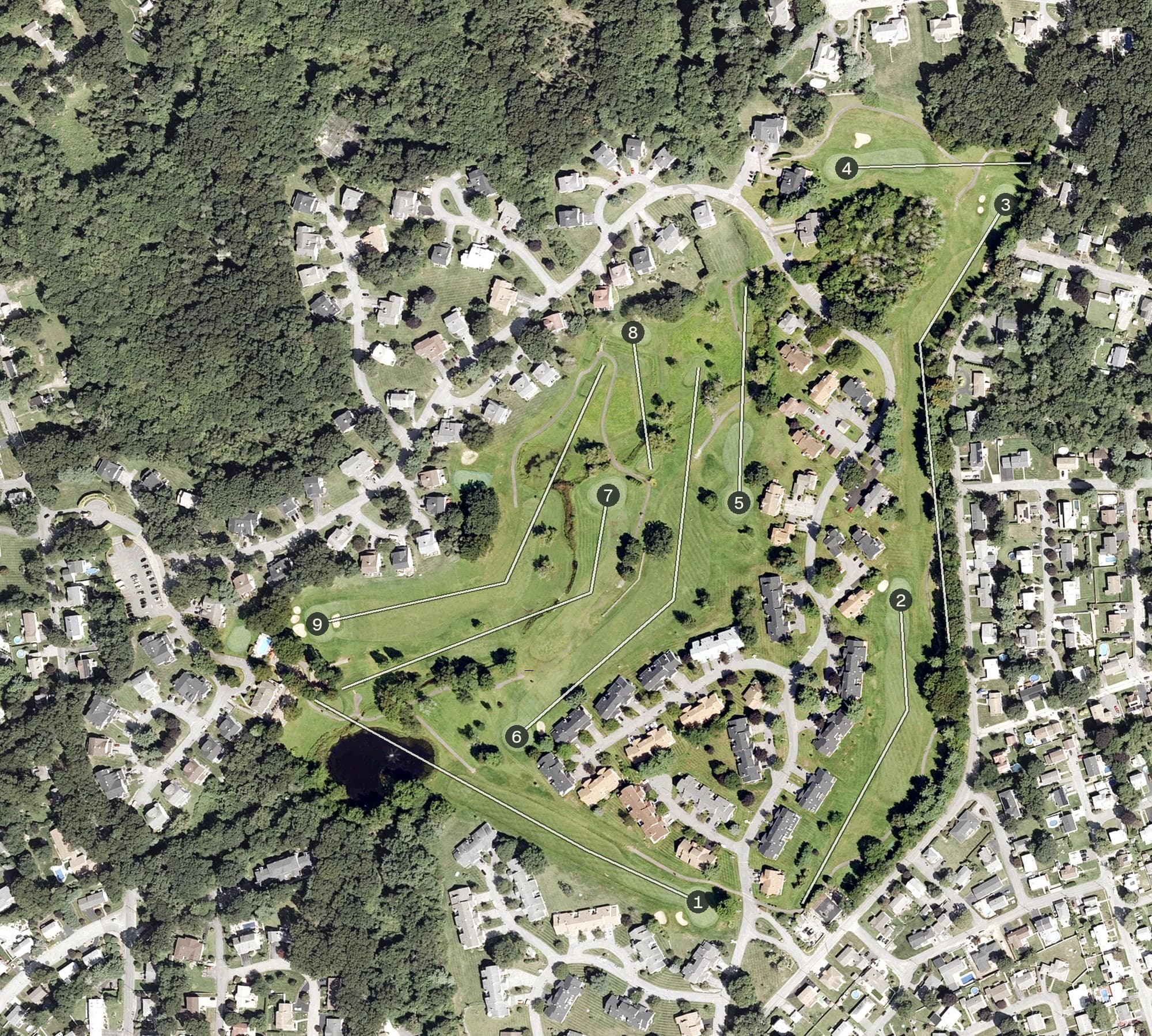 Aerial view of Louisquisset Golf Club, RI, with its hole routing marked