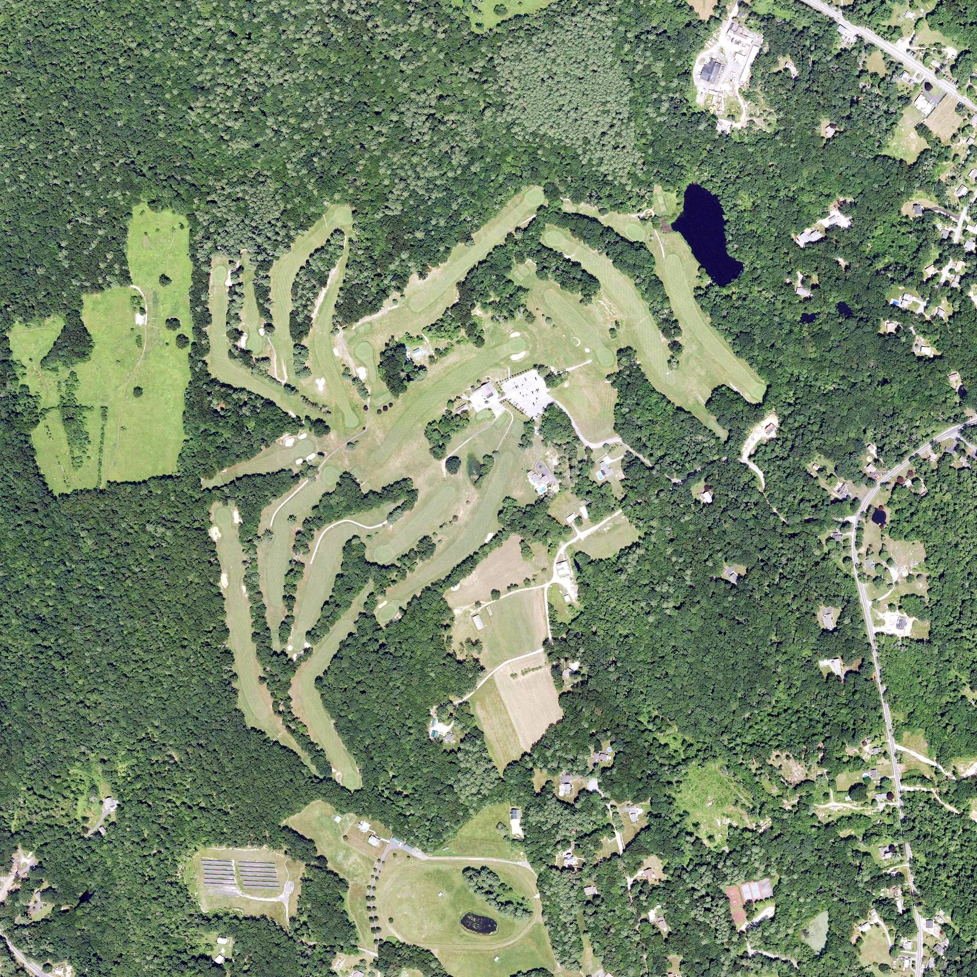 Aerial view of Melody Hill Country Club, RI, with its hole routing marked