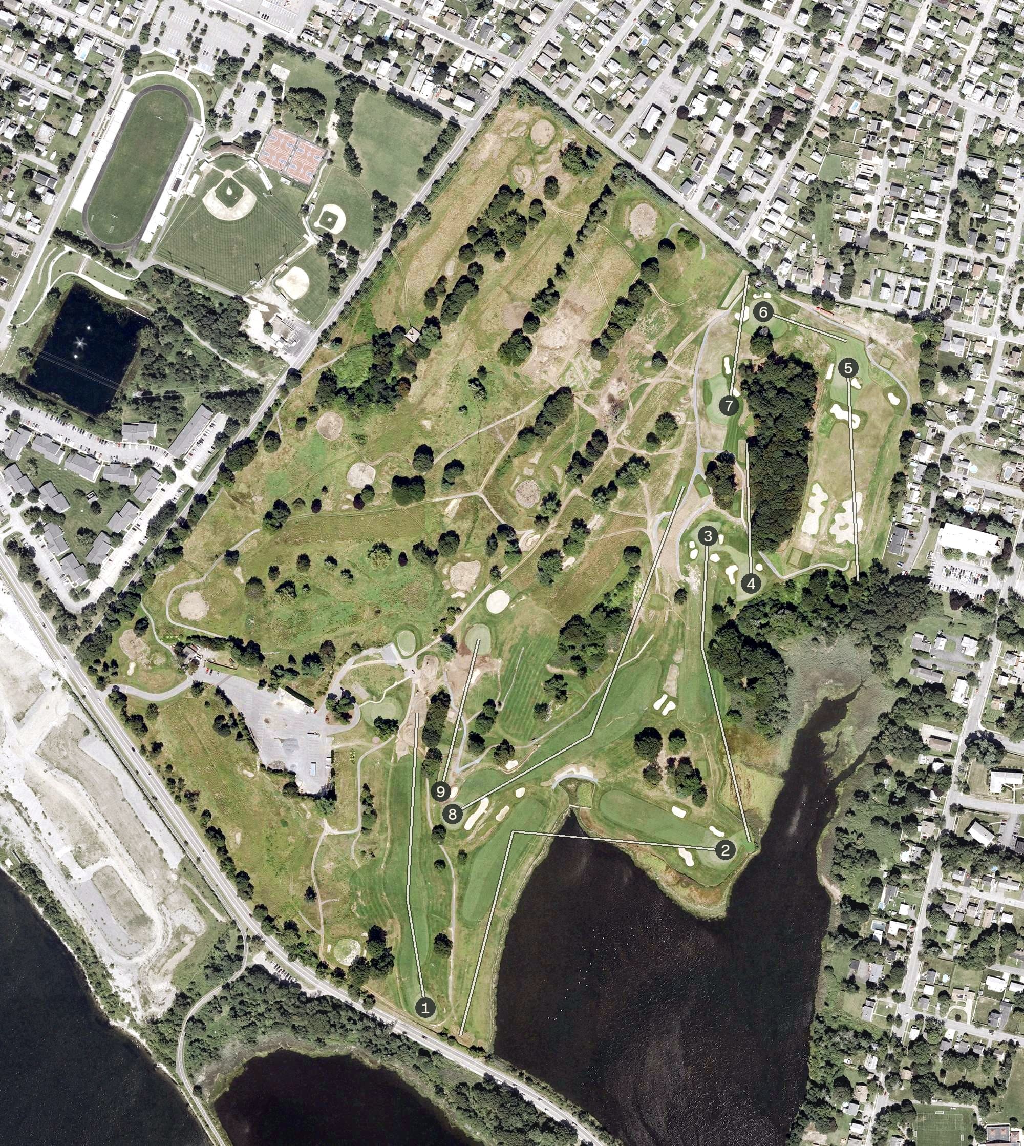 Aerial view of Metacomet Country Club, RI, with its hole routing marked