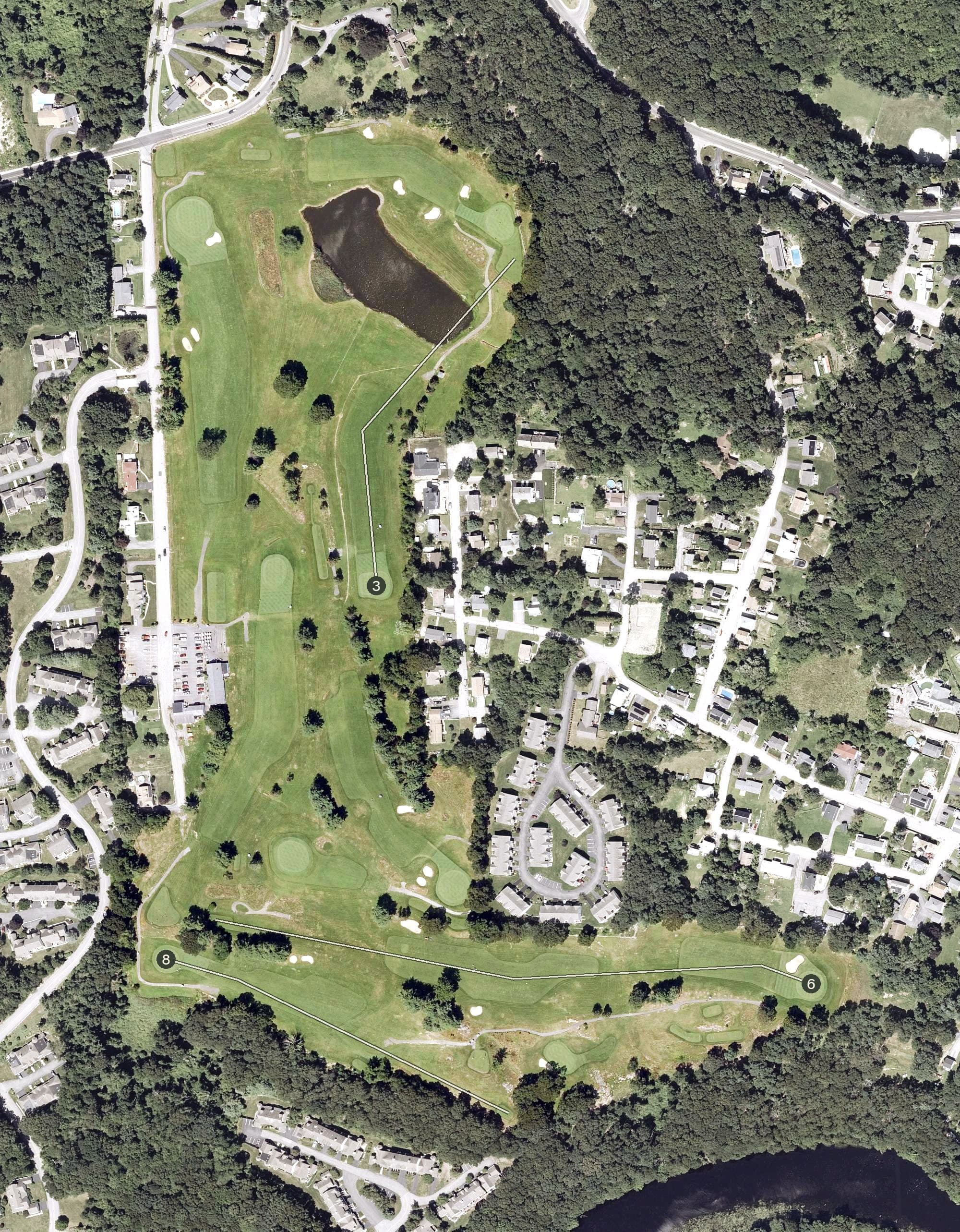 Aerial view of Midville Country Club, RI, with its hole routing marked