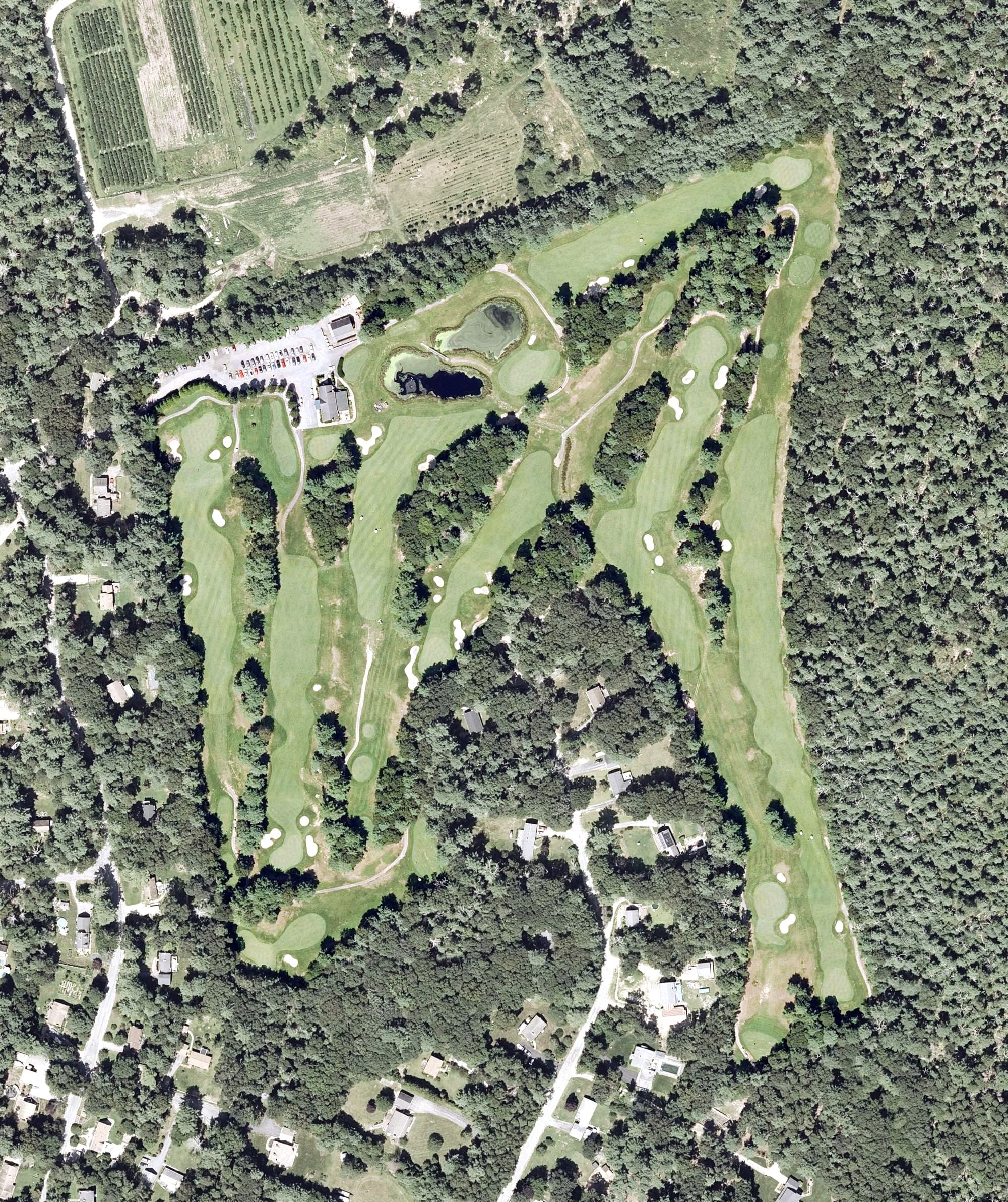 Aerial view of Pinecrest Golf Club, RI, with its hole routing marked