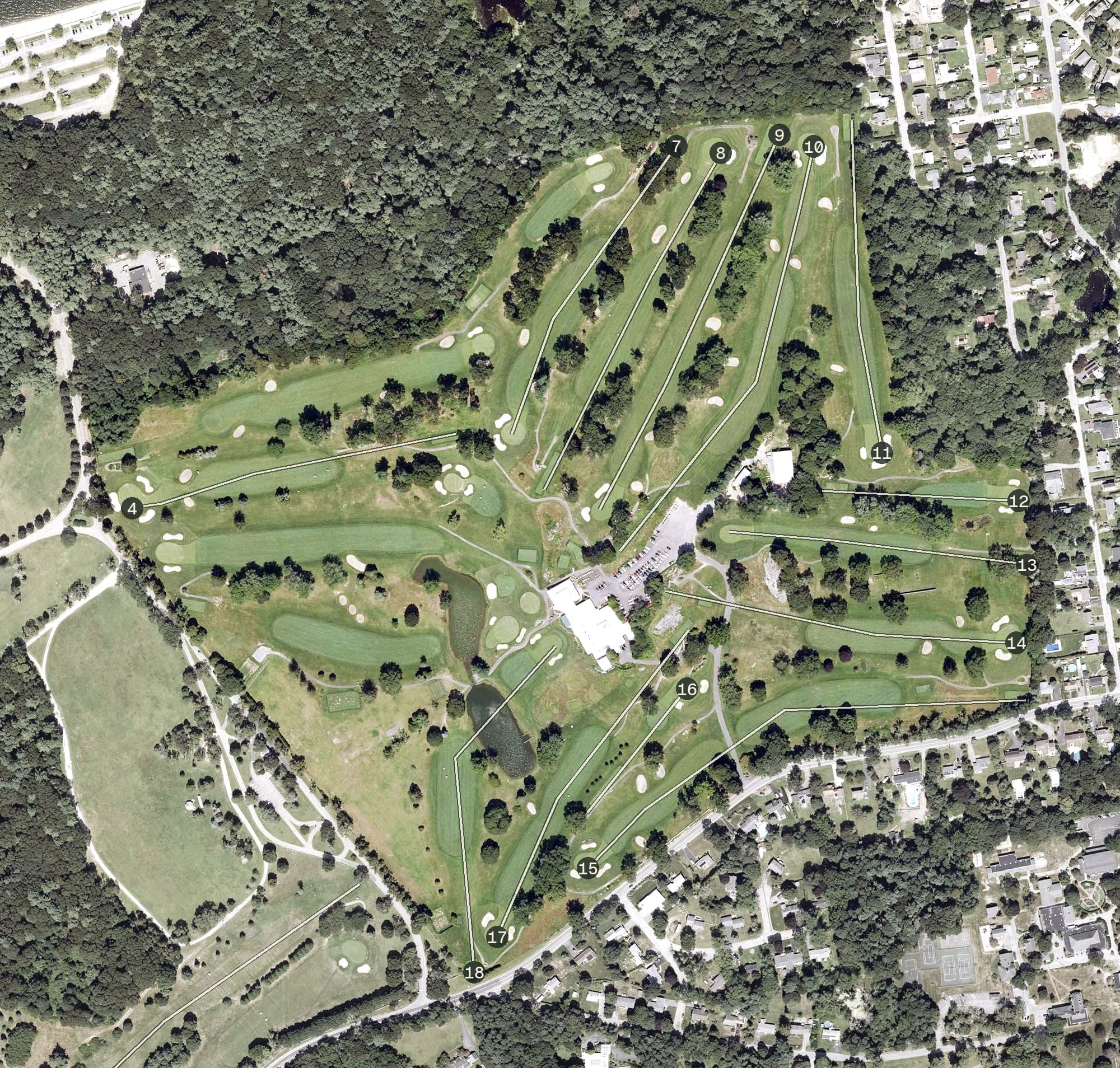 Aerial view of Potowomut Golf Club, RI, with its hole routing marked