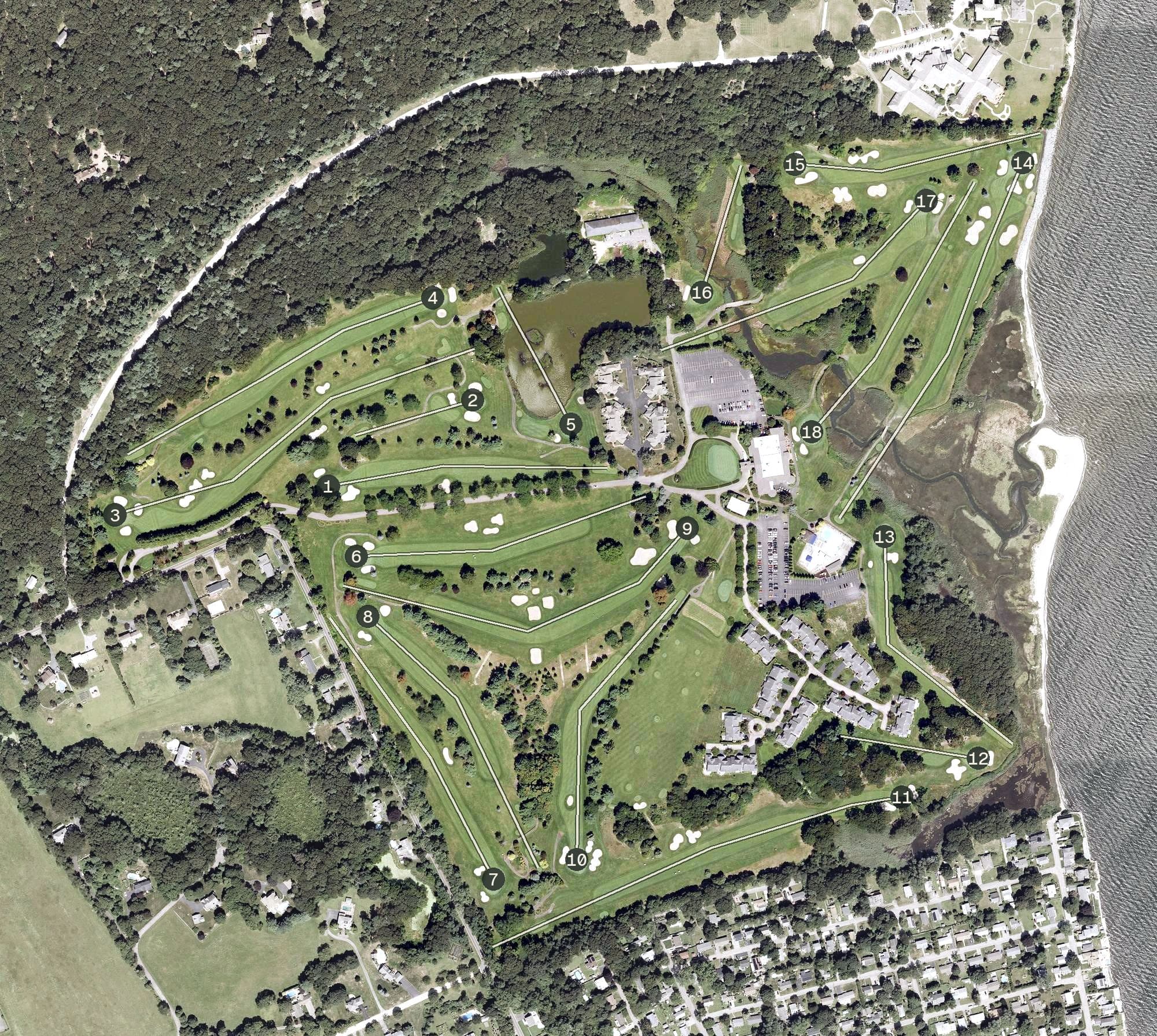 Aerial view of Quidnessett Country Club, RI, with its hole routing marked