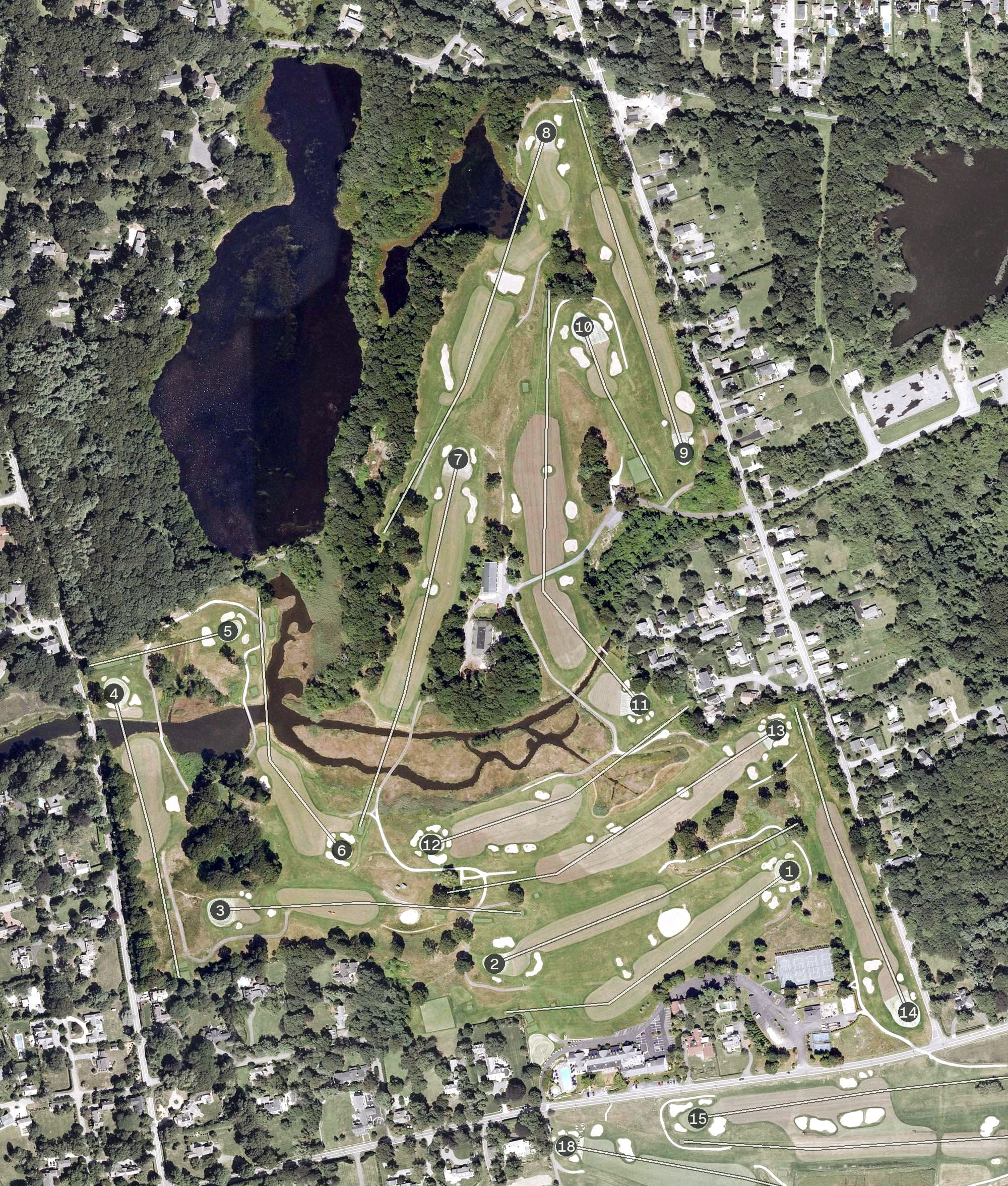Aerial view of Rhode Island Country Club, RI, with its hole routing marked