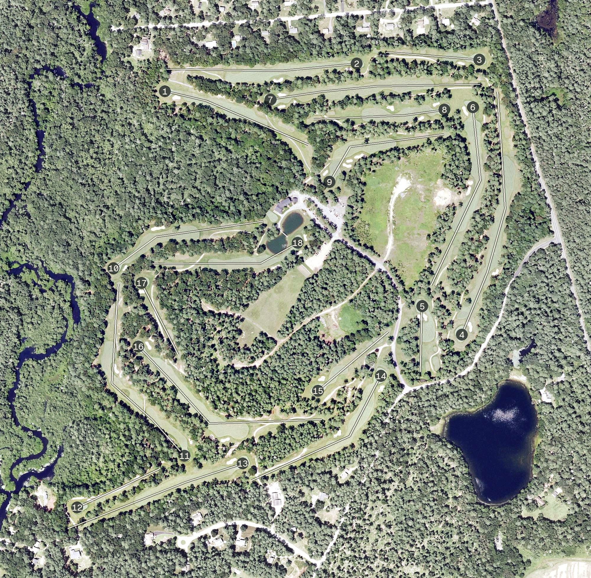 Aerial view of Richmond Country Club, RI, with its hole routing marked