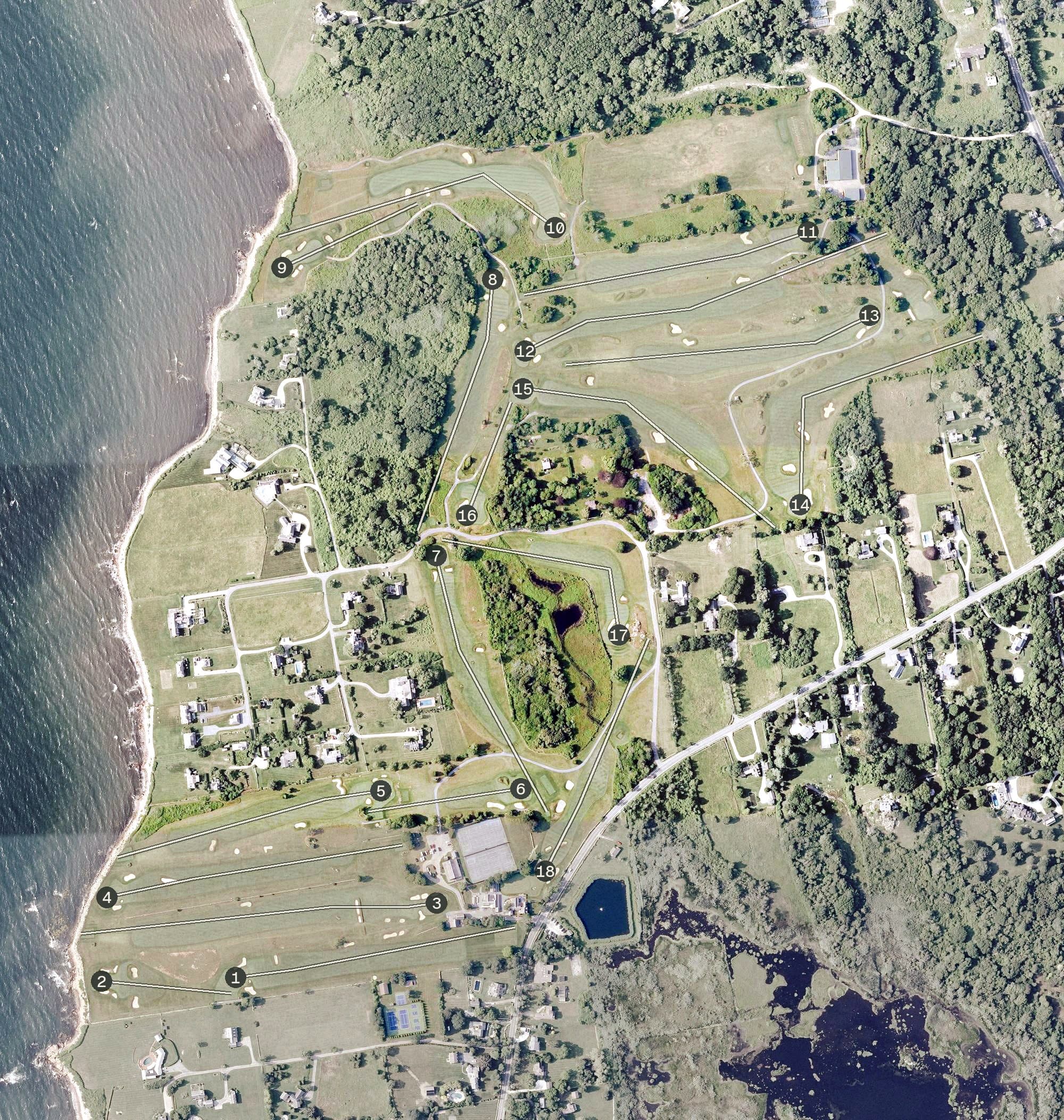 Aerial view of Sakonnet Golf Club, RI, with its hole routing marked