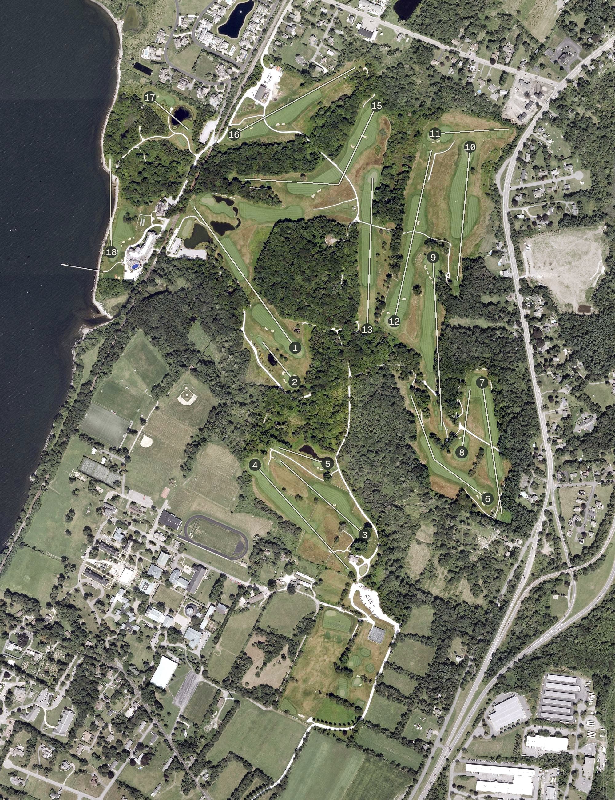 Aerial view of The Aquidneck Club, RI, with its hole routing marked